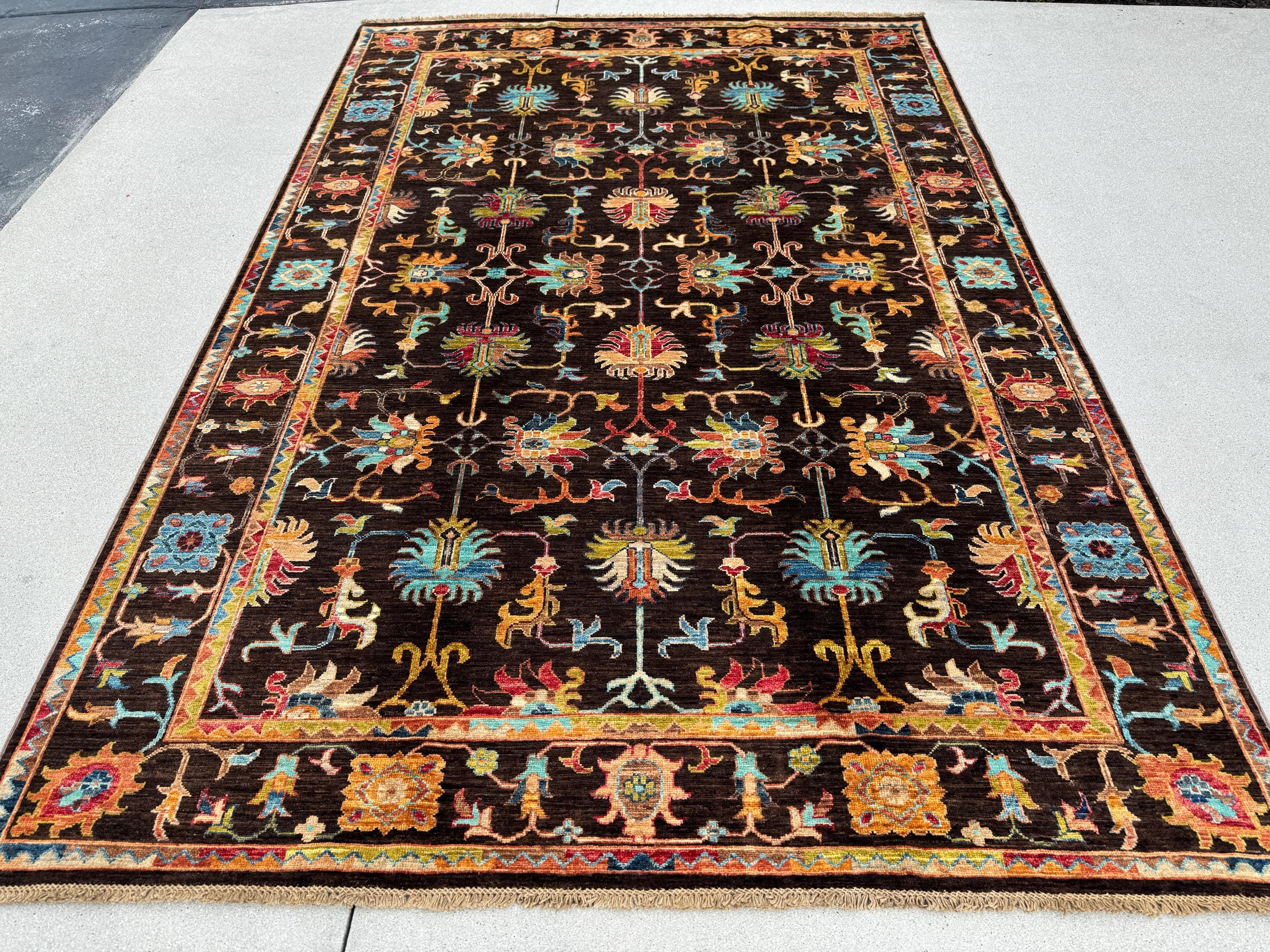 6x8 Handmade Afghan Wool Rug | Dark Brown Botanical Tribal Design | Heirloom Area Rug