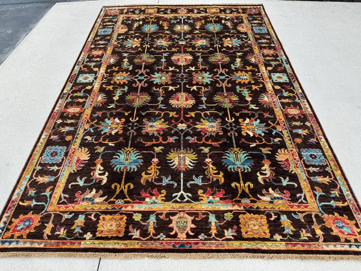 6x8 Handmade Afghan Wool Rug | Dark Brown Botanical Tribal Design | Heirloom Area Rug