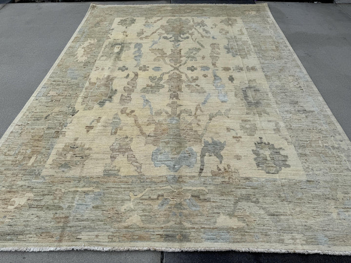 11x14 Handmade Afghan Wool Rug | Neutral Oushak Design | Beige And Soft Blue Traditional Carpet