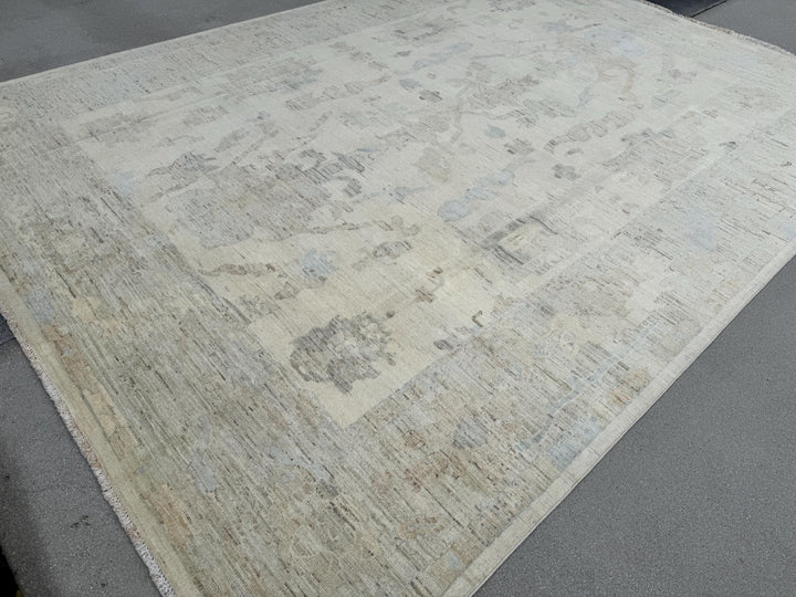 11x14 Handmade Afghan Wool Rug | Neutral Oushak Design | Beige And Soft Blue Traditional Carpet
