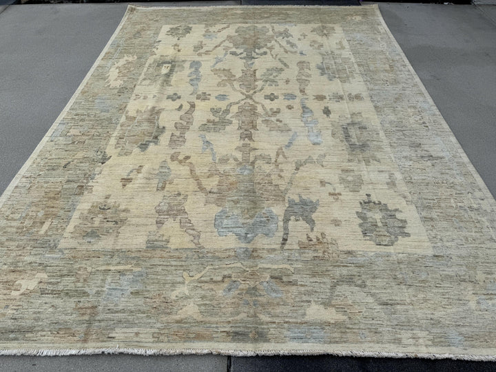 9x12 Handmade Afghan Wool Rug | Neutral Oushak Design | Beige And Soft Blue Traditional Carpet