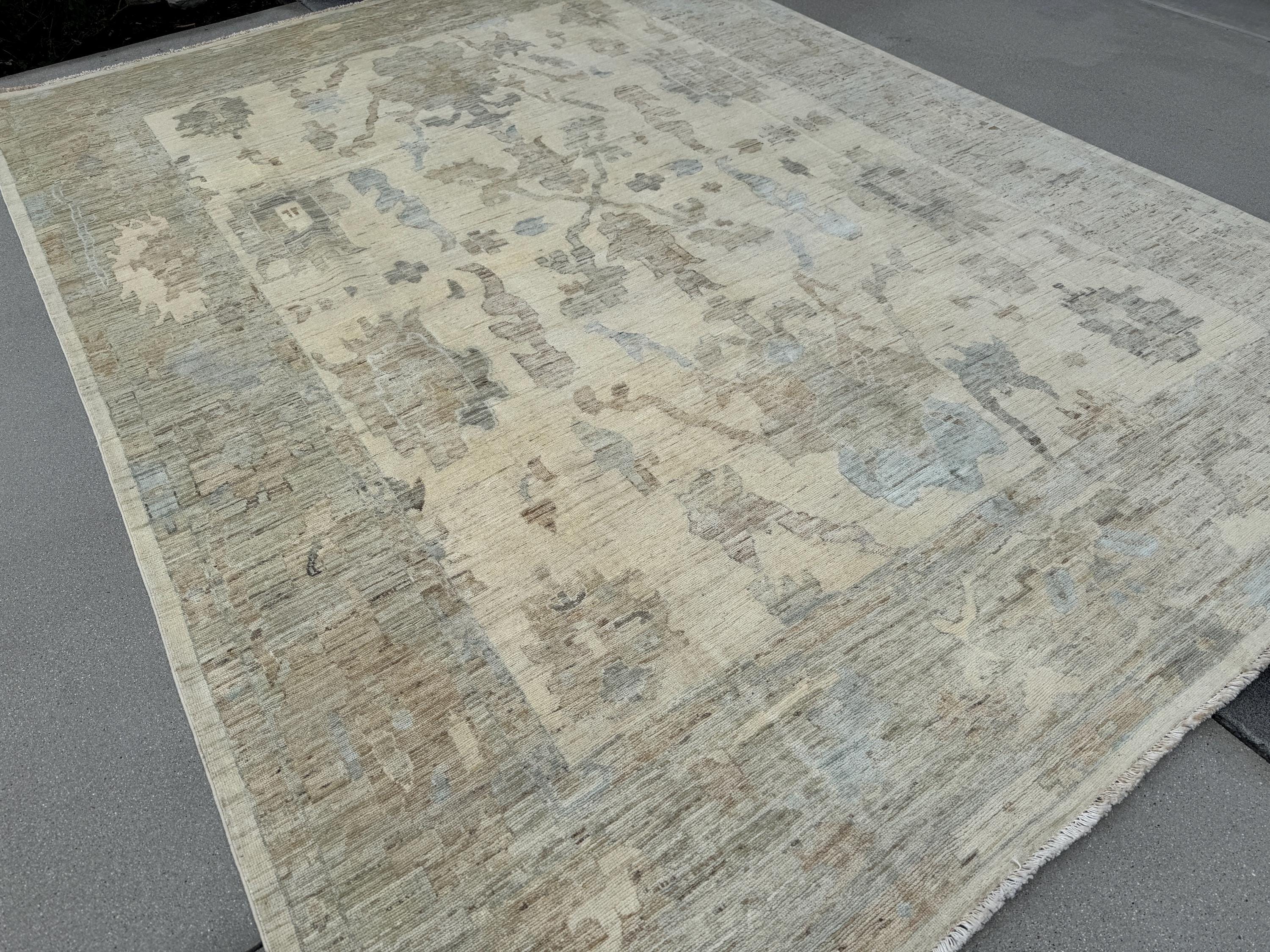 9x12 Handmade Afghan Wool Rug | Neutral Oushak Design | Beige And Soft Blue Traditional Carpet