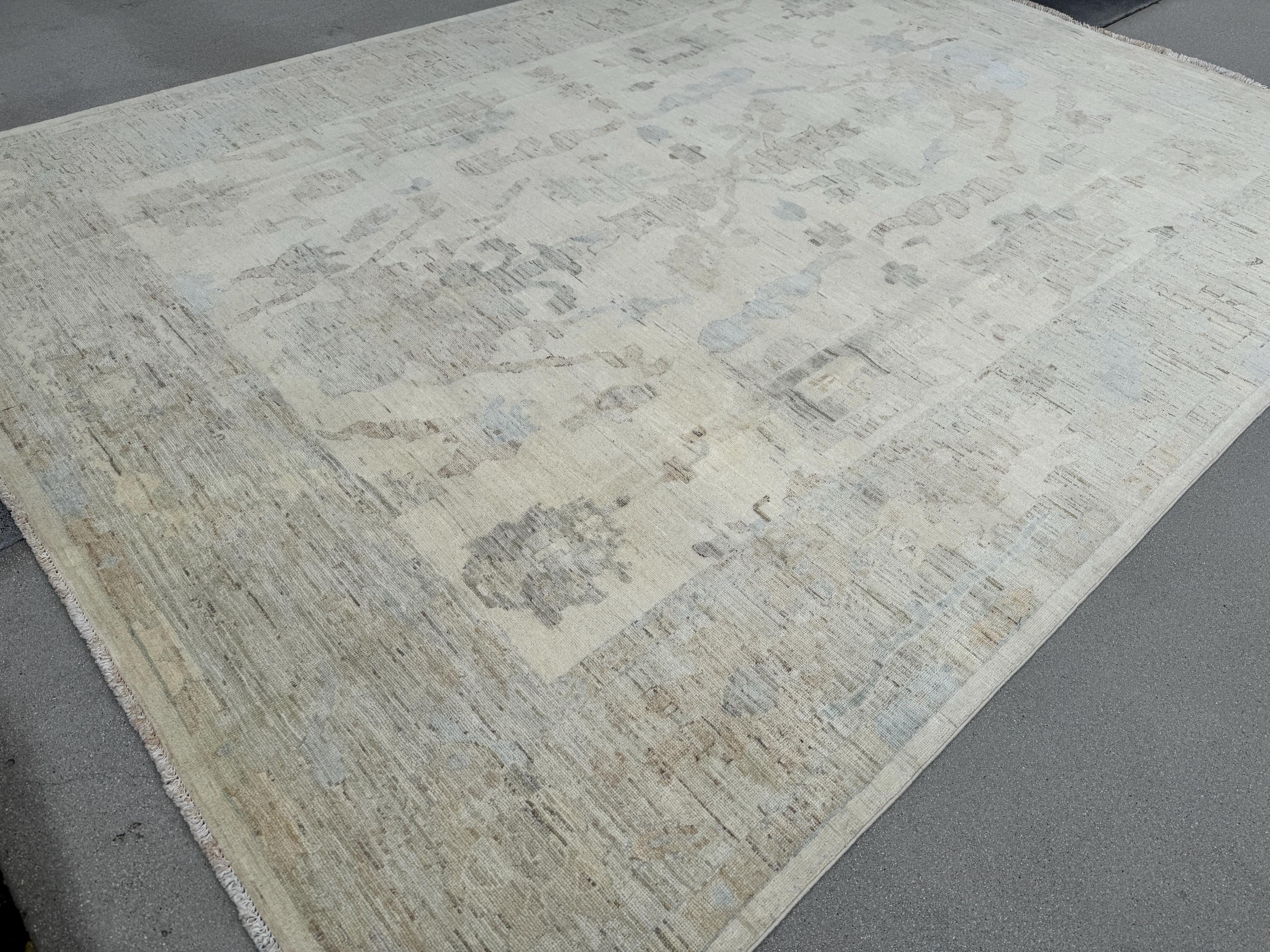 9x12 Handmade Afghan Wool Rug | Neutral Oushak Design | Beige And Soft Blue Traditional Carpet