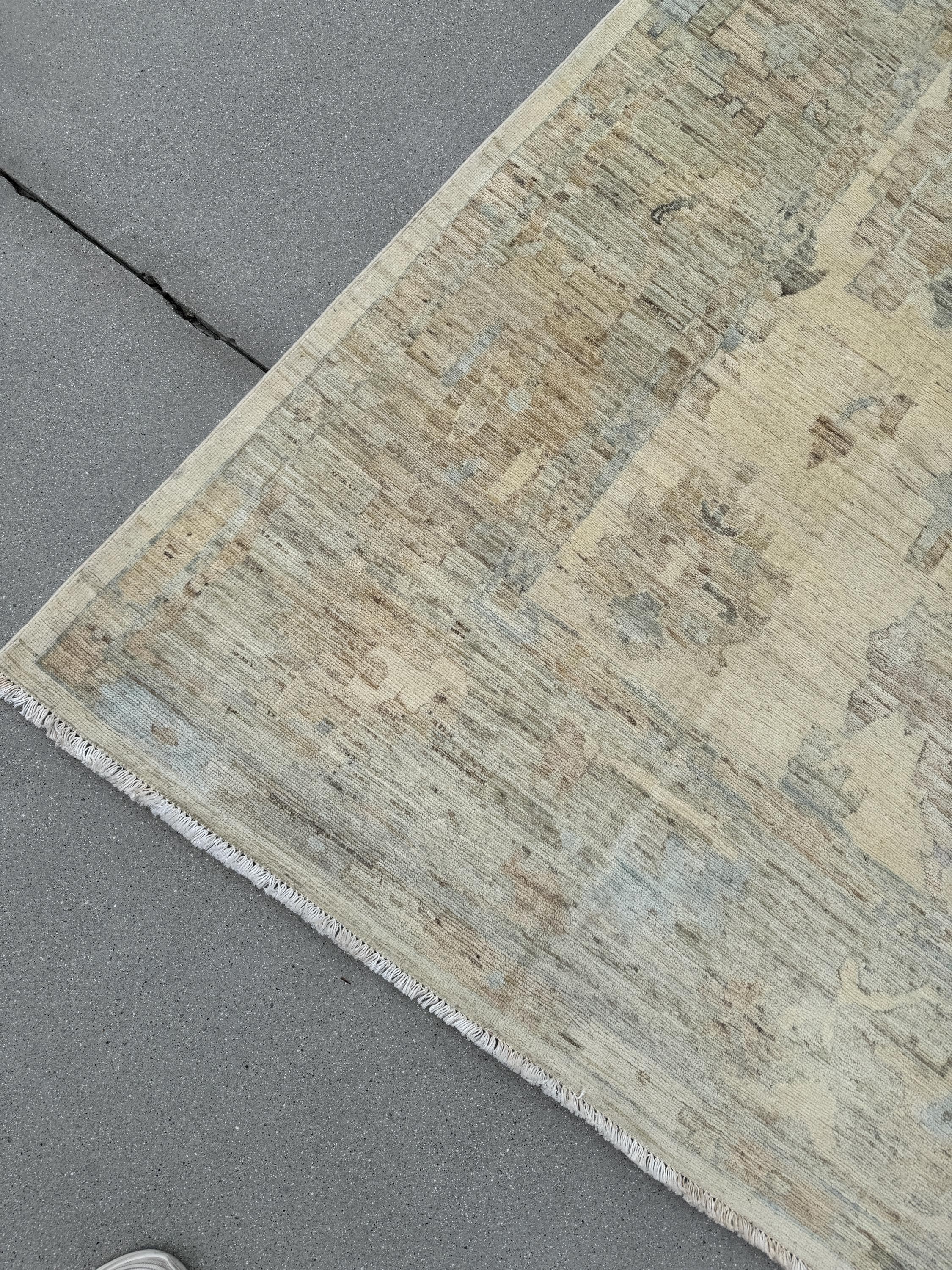 9x12 Handmade Afghan Wool Rug | Neutral Oushak Design | Beige And Soft Blue Traditional Carpet