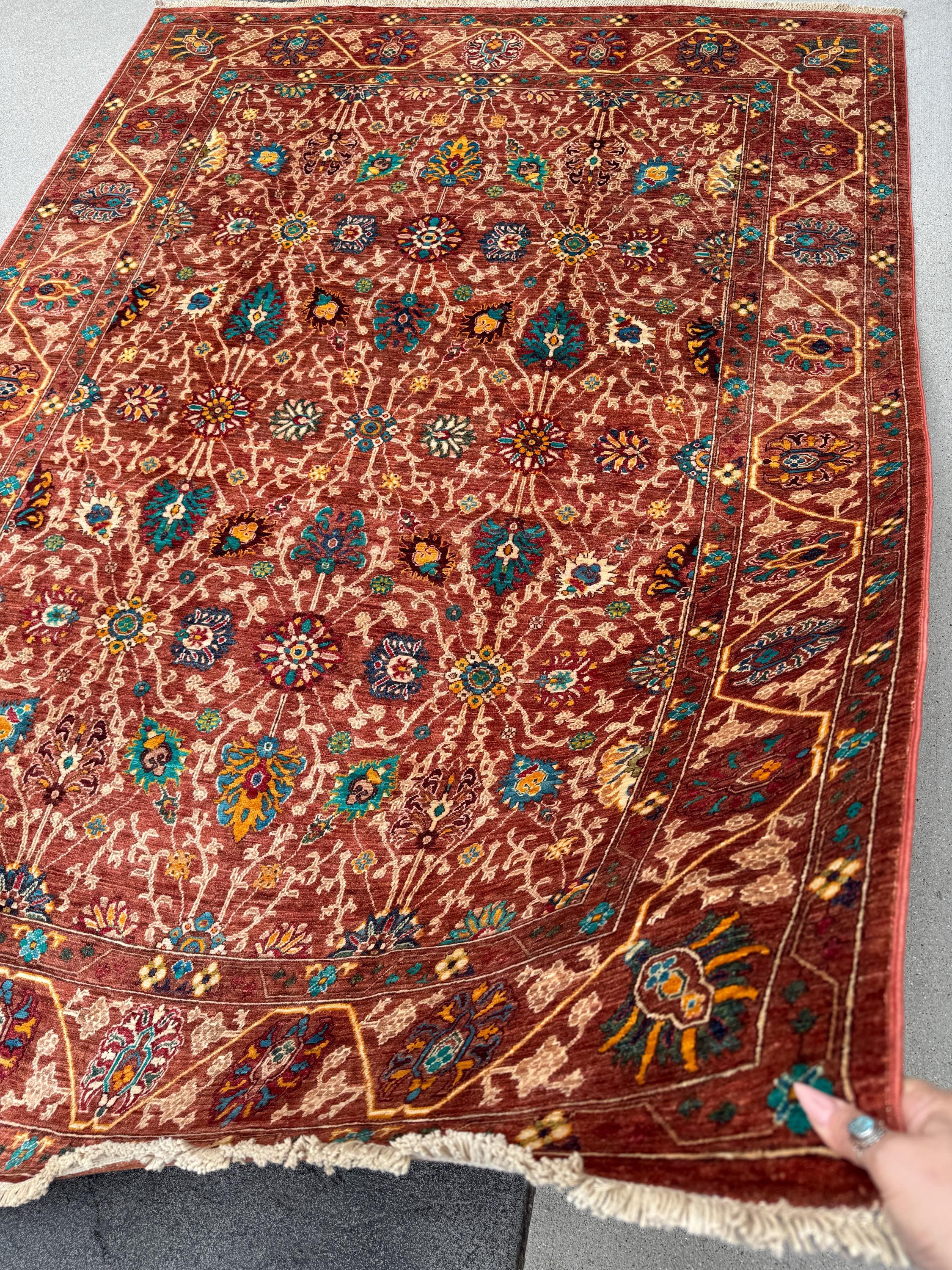 6x8 Handmade Afghan Wool Rug | Rust Red Floral Botanical Rug | Heirloom Area Rug
