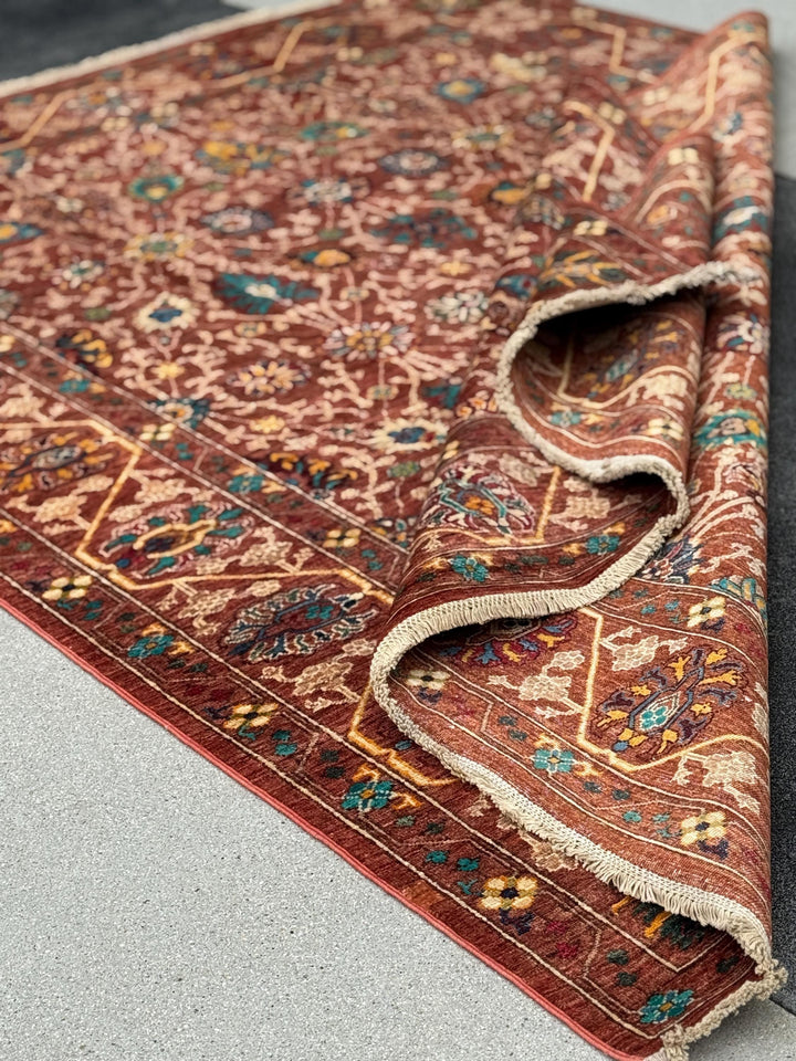 6x8 Handmade Afghan Wool Rug | Rust Red Floral Botanical Rug | Heirloom Area Rug