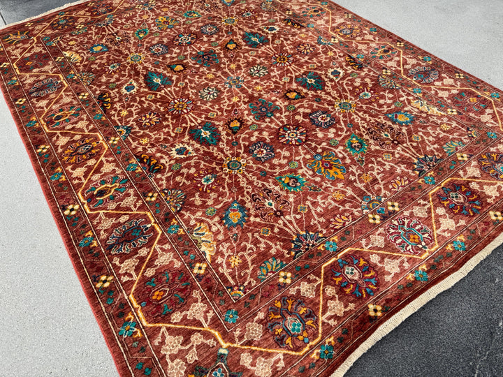6x8 Handmade Afghan Wool Rug | Rust Red Floral Botanical Rug | Heirloom Area Rug