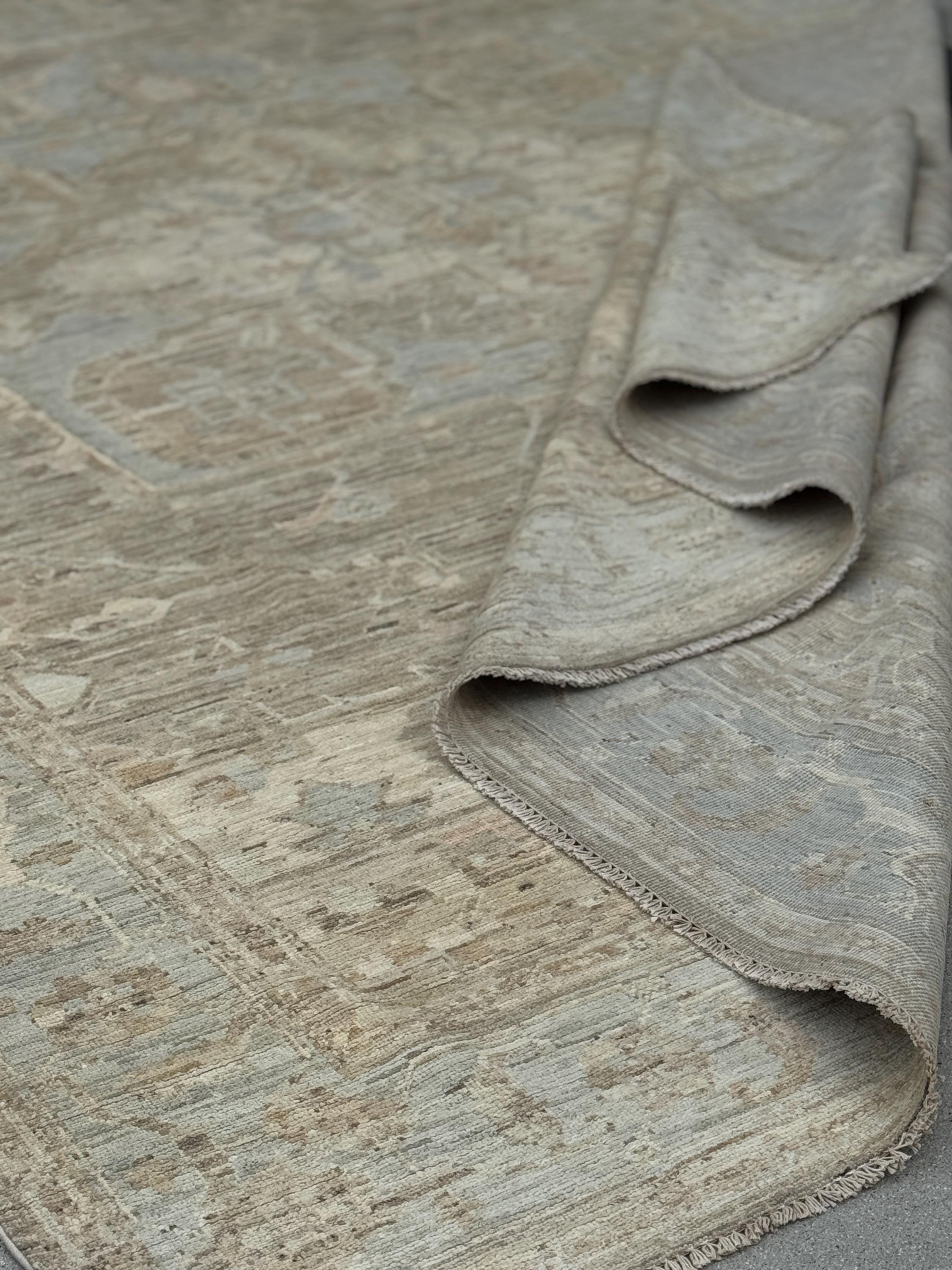 9x12 Handmade Afghan Wool Rug | Neutral Beige Persian Heriz-Style Rug | Knotted Heirloom Area Rug