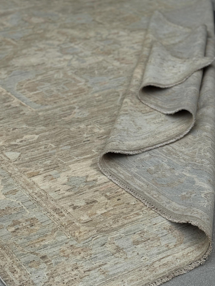 9x12 Handmade Afghan Wool Rug | Neutral Beige Persian Heriz-Style Rug | Knotted Heirloom Area Rug