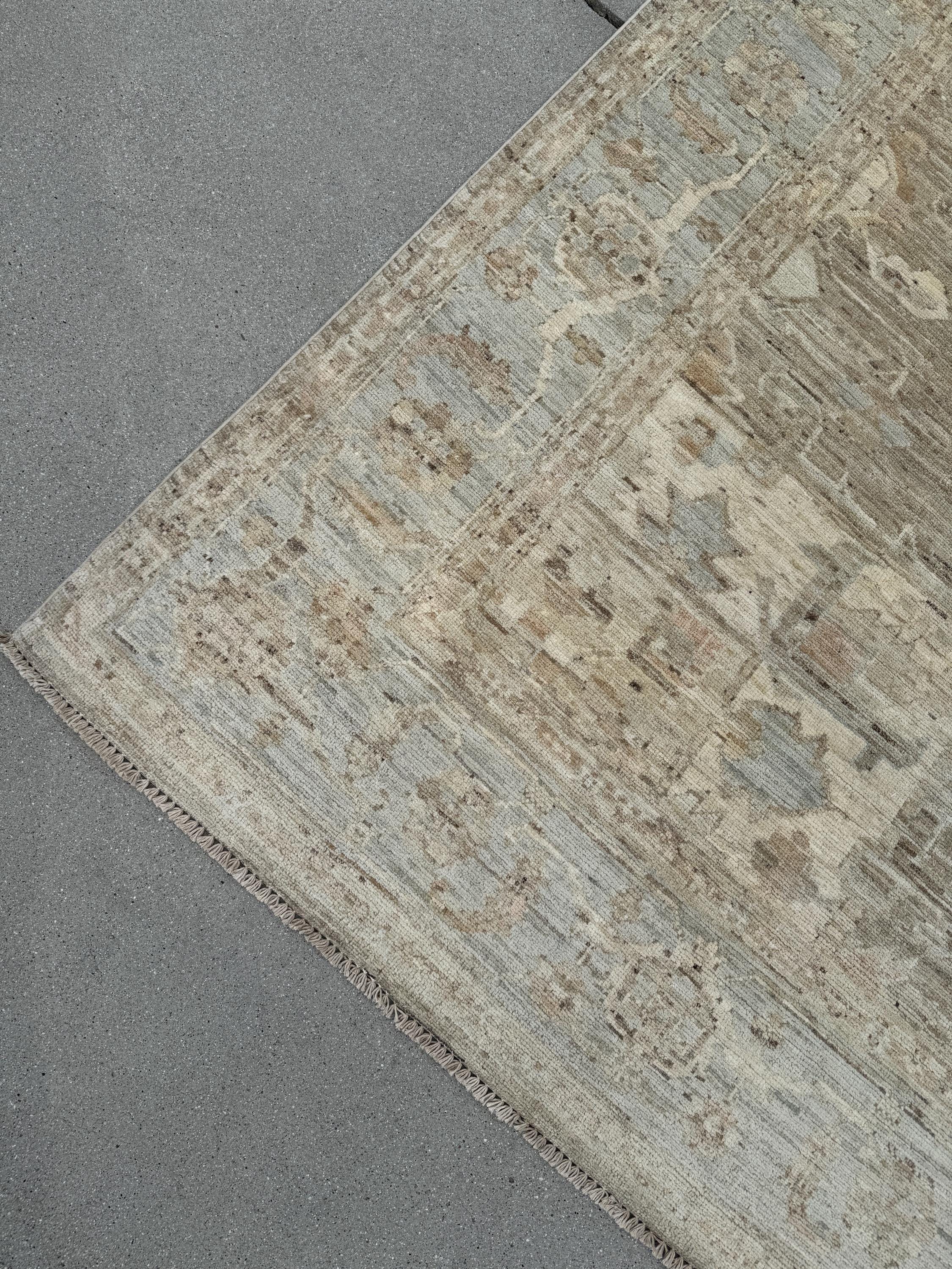 9x12 Handmade Afghan Wool Rug | Neutral Beige Persian Heriz-Style Rug | Knotted Heirloom Area Rug