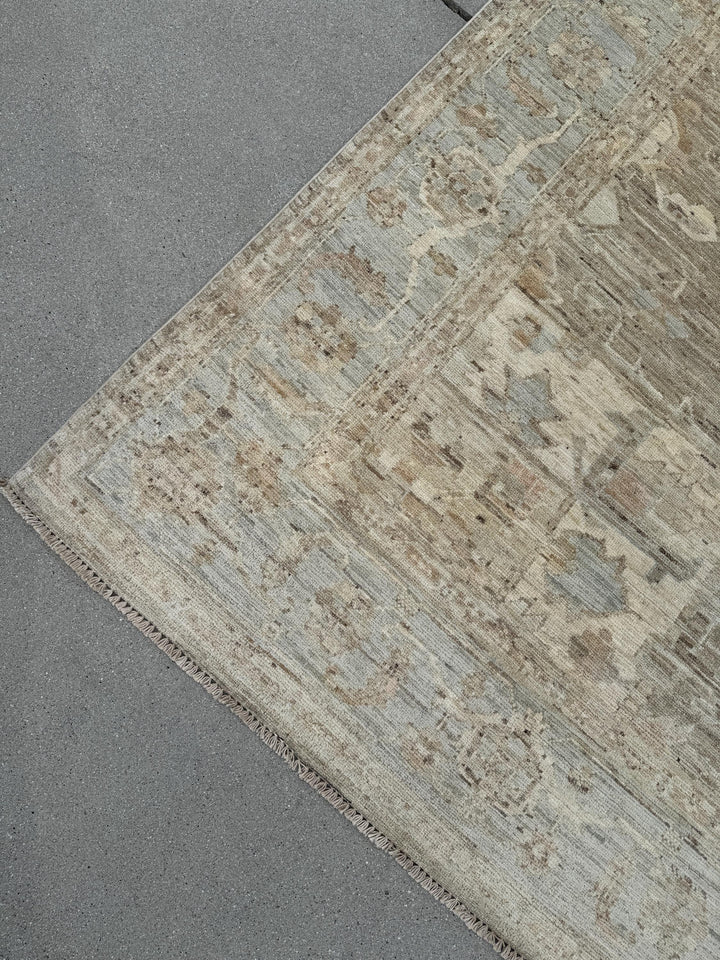 9x12 Handmade Afghan Wool Rug | Neutral Beige Persian Heriz-Style Rug | Knotted Heirloom Area Rug