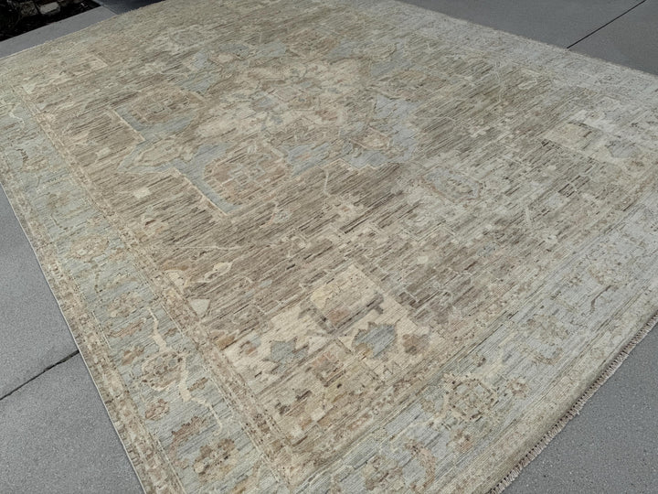 9x12 Handmade Afghan Wool Rug | Neutral Beige Persian Heriz-Style Rug | Knotted Heirloom Area Rug