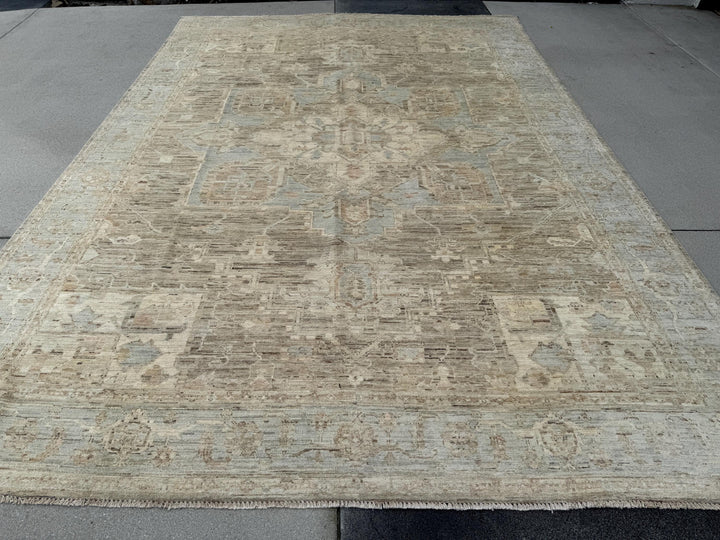9x12 Handmade Afghan Wool Rug | Neutral Beige Persian Heriz-Style Rug | Knotted Heirloom Area Rug