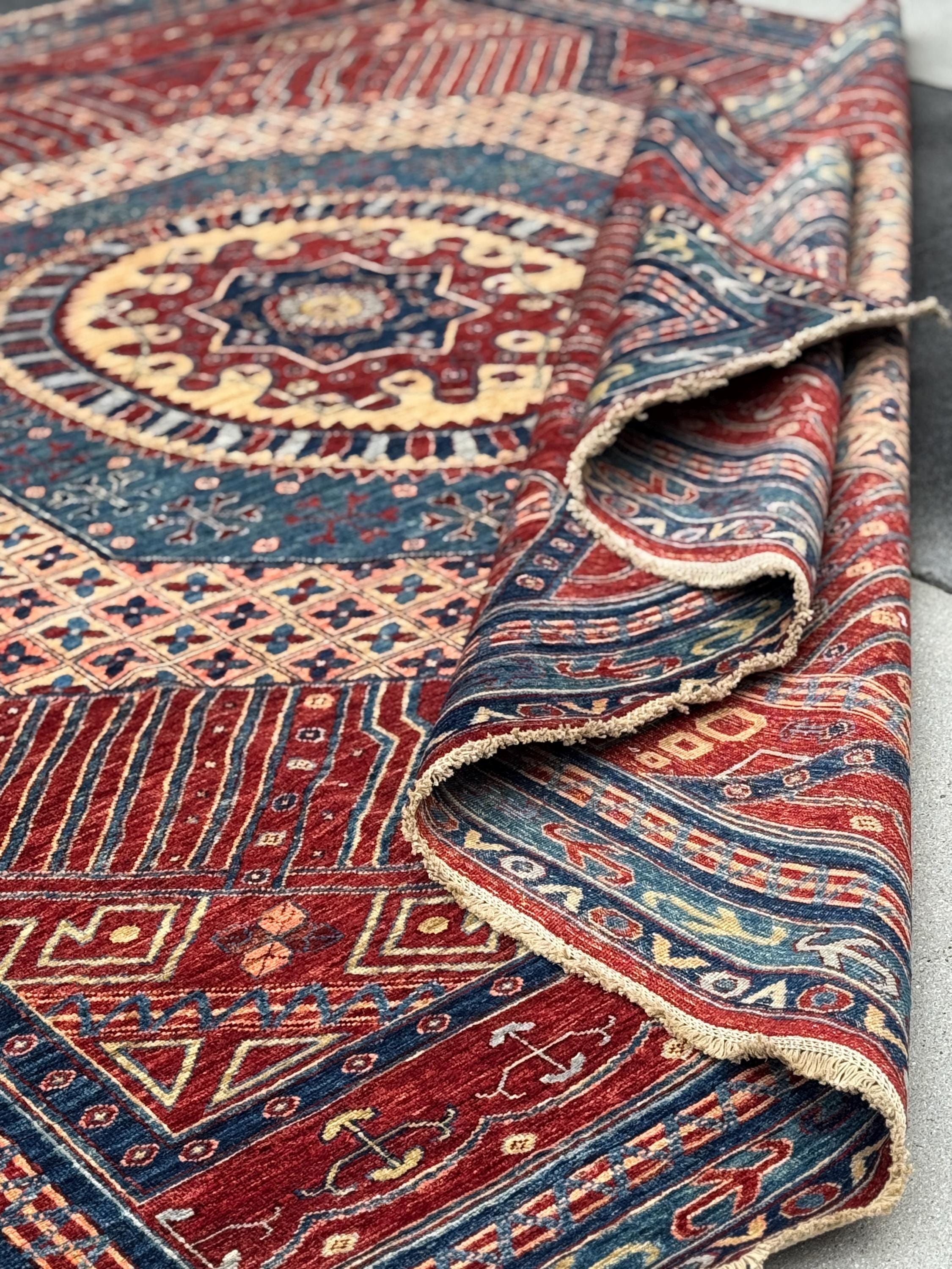 9x12 Handmade Afghan Wool Rug | Bold Red & Blue Tribal Medallion Rug | Large Heirloom Area Rug