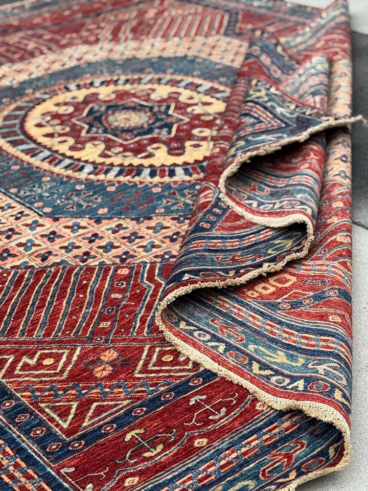 9x12 Handmade Afghan Wool Rug | Bold Red & Blue Tribal Medallion Rug | Large Heirloom Area Rug