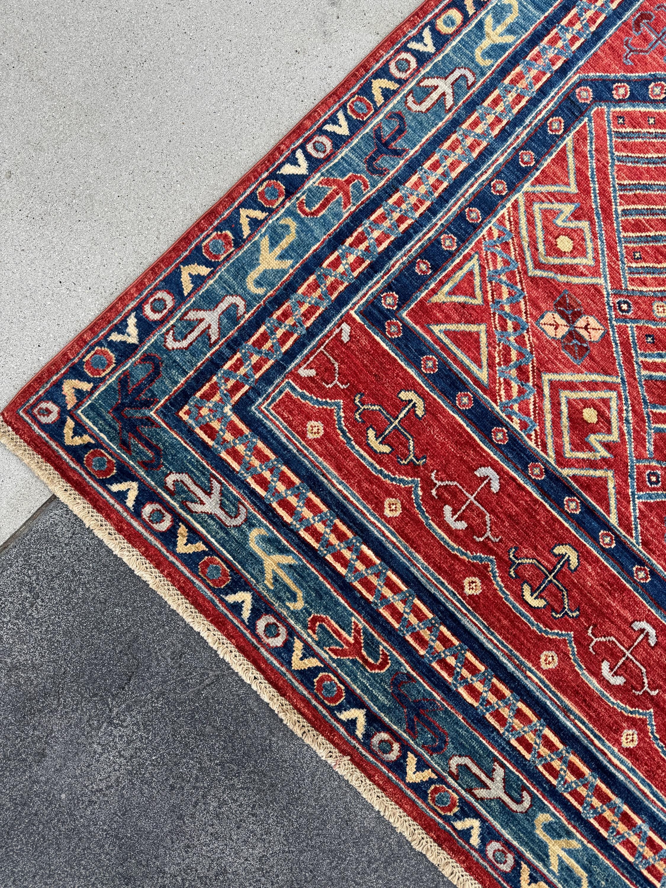 9x12 Handmade Afghan Wool Rug | Bold Red & Blue Tribal Medallion Rug | Large Heirloom Area Rug