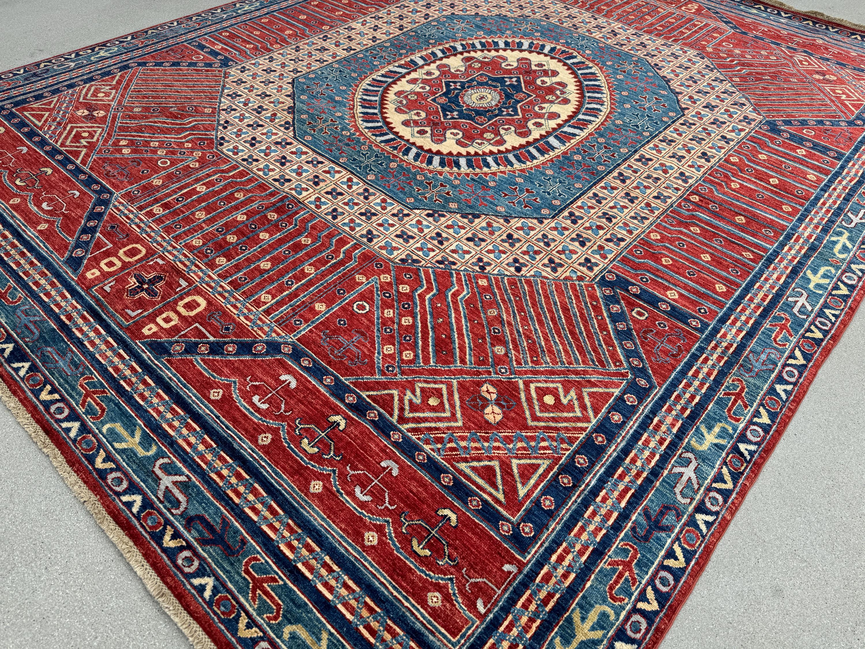 9x12 Handmade Afghan Wool Rug | Bold Red & Blue Tribal Medallion Rug | Large Heirloom Area Rug