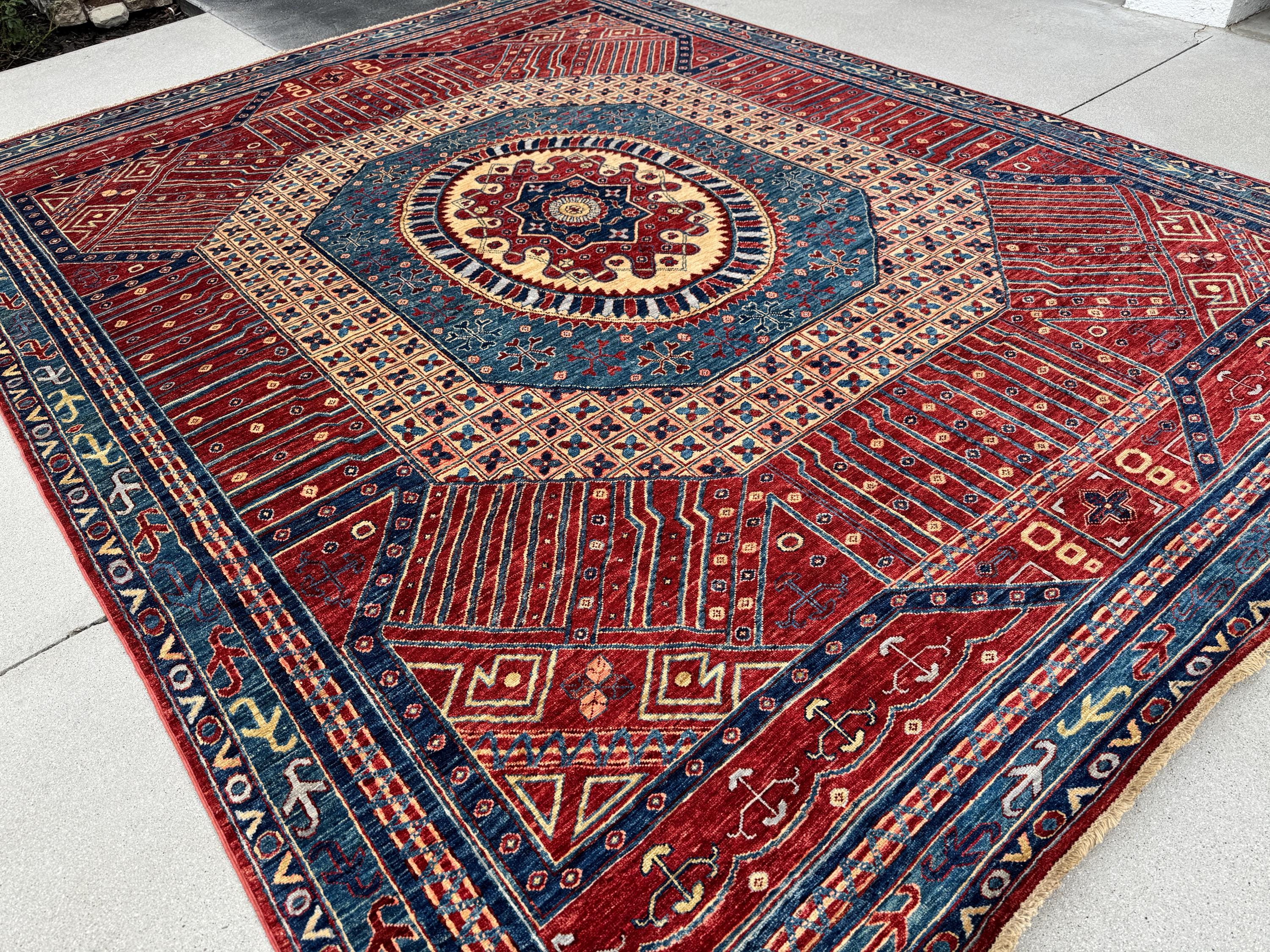 9x12 Handmade Afghan Wool Rug | Bold Red & Blue Tribal Medallion Rug | Large Heirloom Area Rug