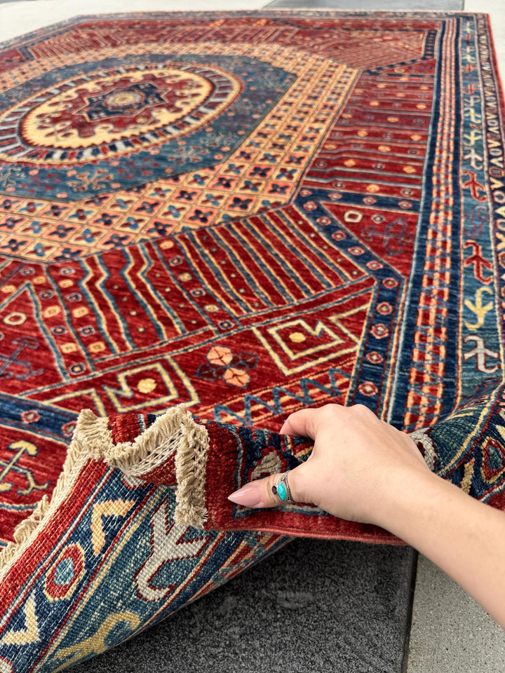 9x12 Handmade Afghan Wool Rug | Bold Red & Blue Tribal Medallion Rug | Large Heirloom Area Rug