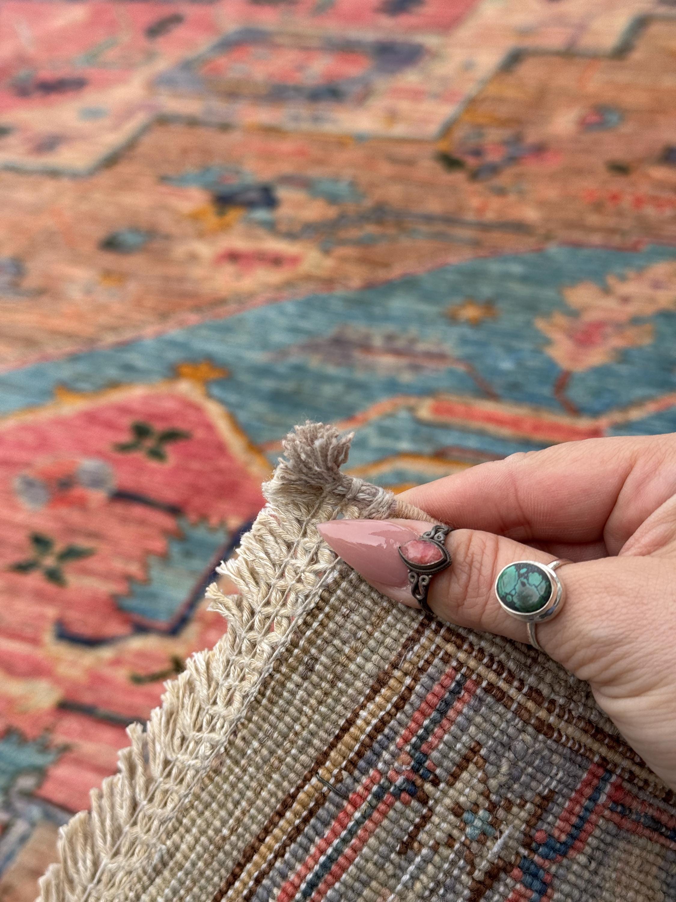9x12 Handmade Afghan Wool Rug | Pastel Tribal Medallion Rug | Soft Pink & Blue Heirloom Area Rug