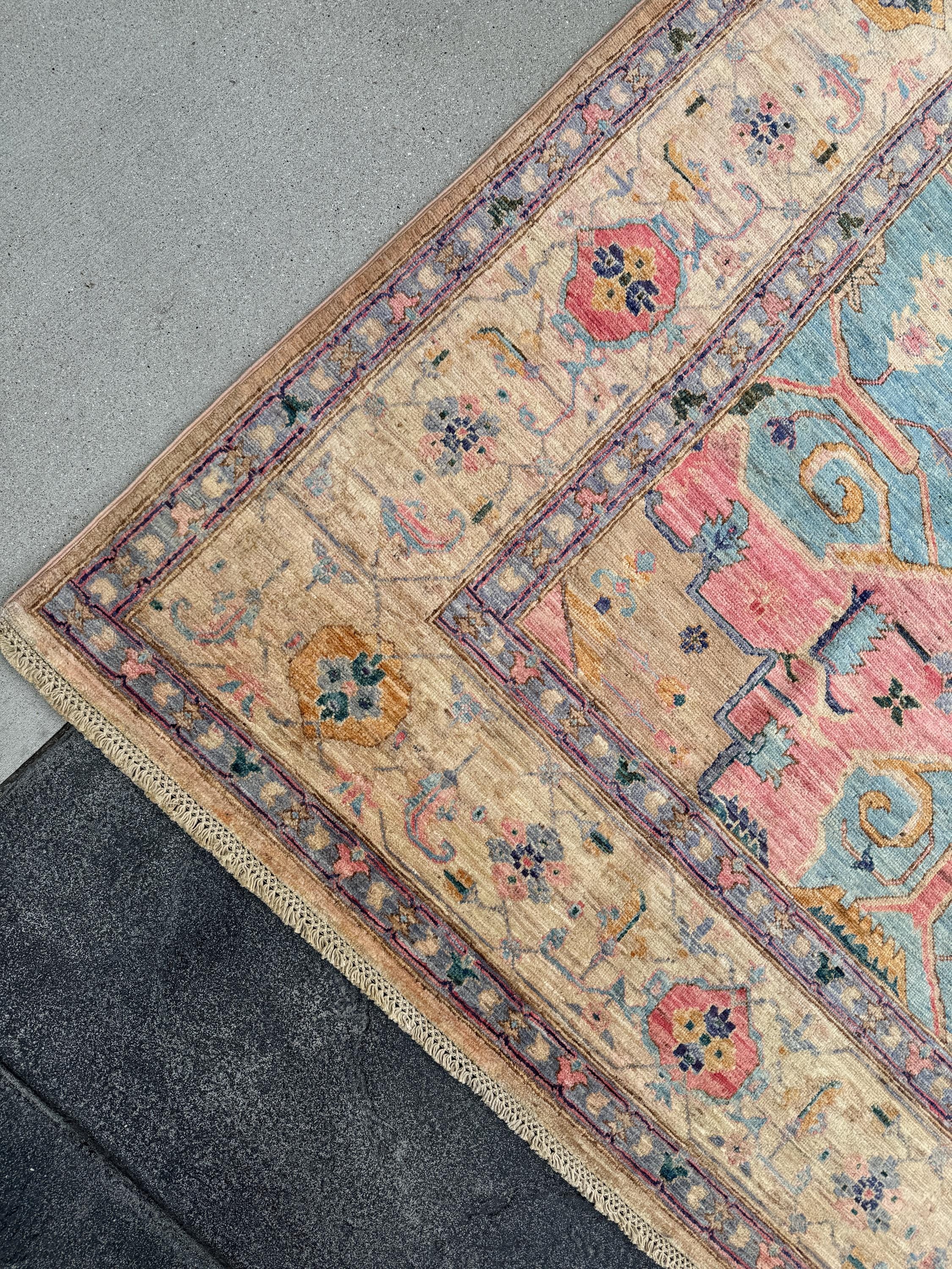 9x12 Handmade Afghan Wool Rug | Pastel Tribal Medallion Rug | Soft Pink & Blue Heirloom Area Rug