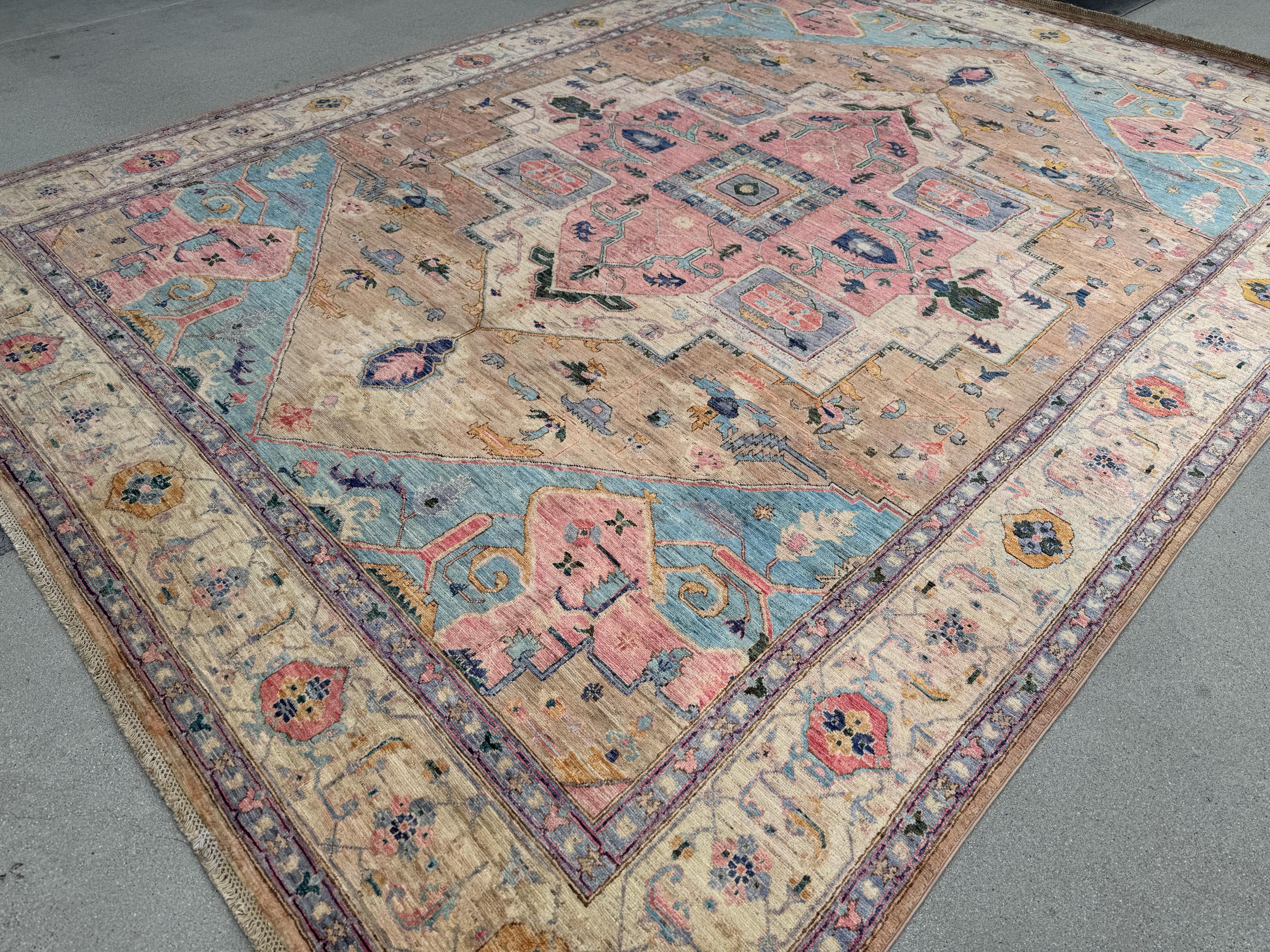 9x12 Handmade Afghan Wool Rug | Pastel Tribal Medallion Rug | Soft Pink & Blue Heirloom Area Rug