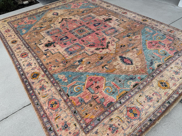 9x12 Handmade Afghan Wool Rug | Pastel Tribal Medallion Rug | Soft Pink & Blue Heirloom Area Rug