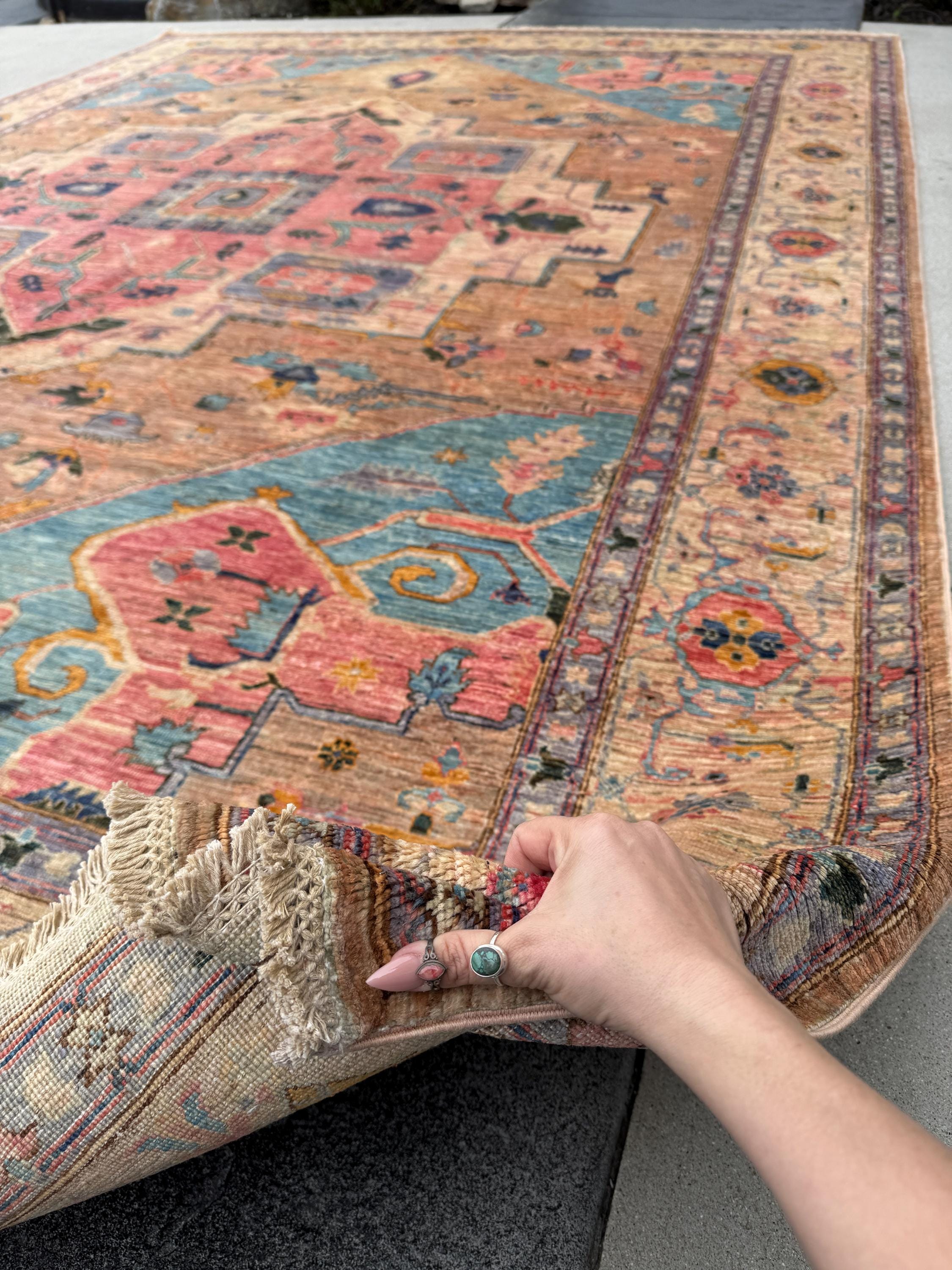 9x12 Handmade Afghan Wool Rug | Pastel Tribal Medallion Rug | Soft Pink & Blue Heirloom Area Rug