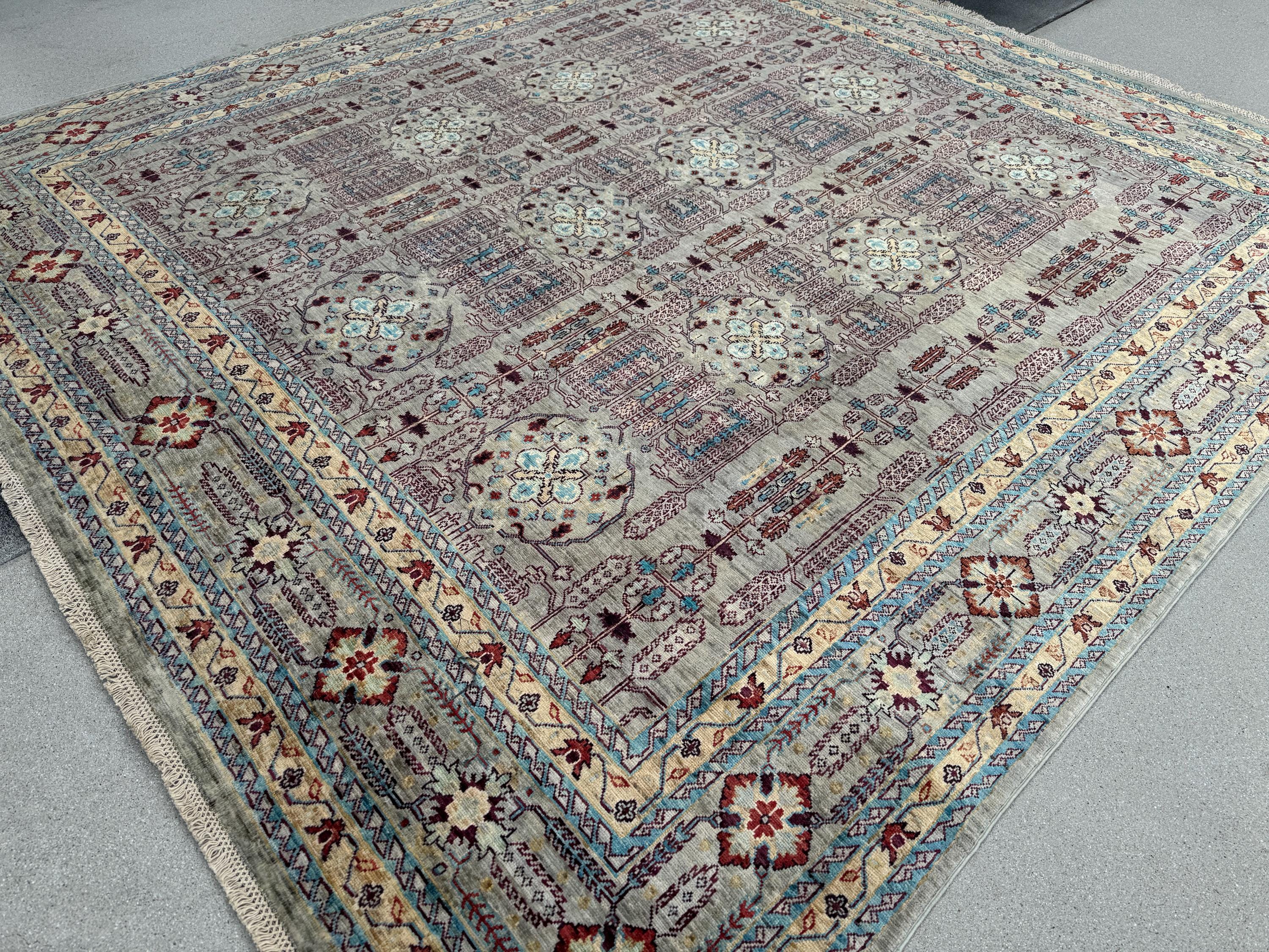 9x10 Handmade Afghan Wool Rug | Muted Tribal Floral Grid Rug | Gray Blue Heirloom Area Rug