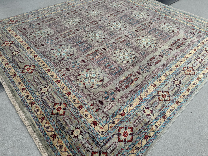 9x10 Handmade Afghan Wool Rug | Muted Tribal Floral Grid Rug | Gray Blue Heirloom Area Rug