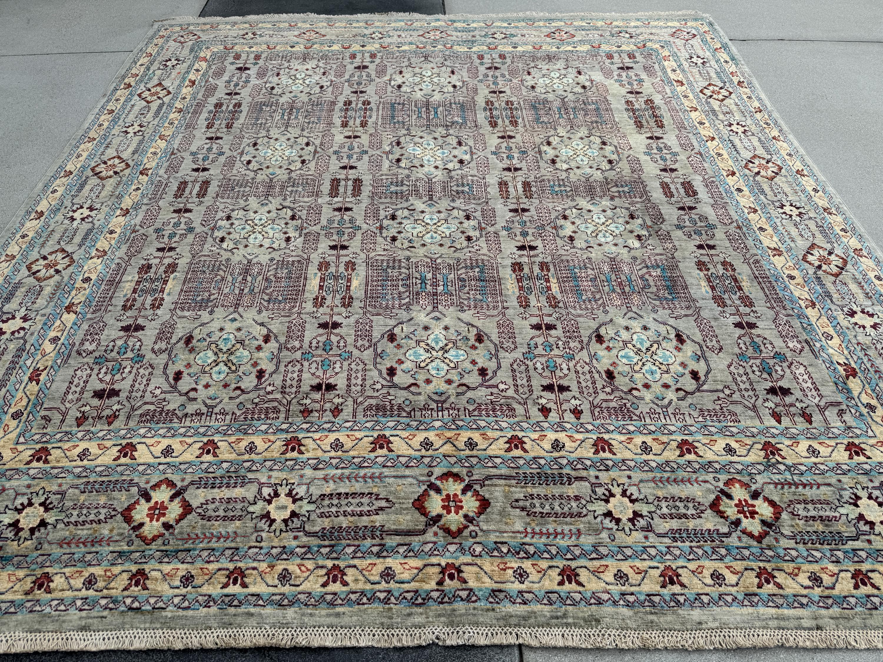 9x10 Handmade Afghan Wool Rug | Muted Tribal Floral Grid Rug | Gray Blue Heirloom Area Rug