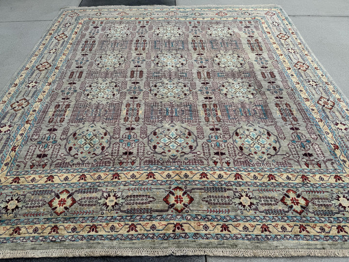 9x10 Handmade Afghan Wool Rug | Muted Tribal Floral Grid Rug | Gray Blue Heirloom Area Rug