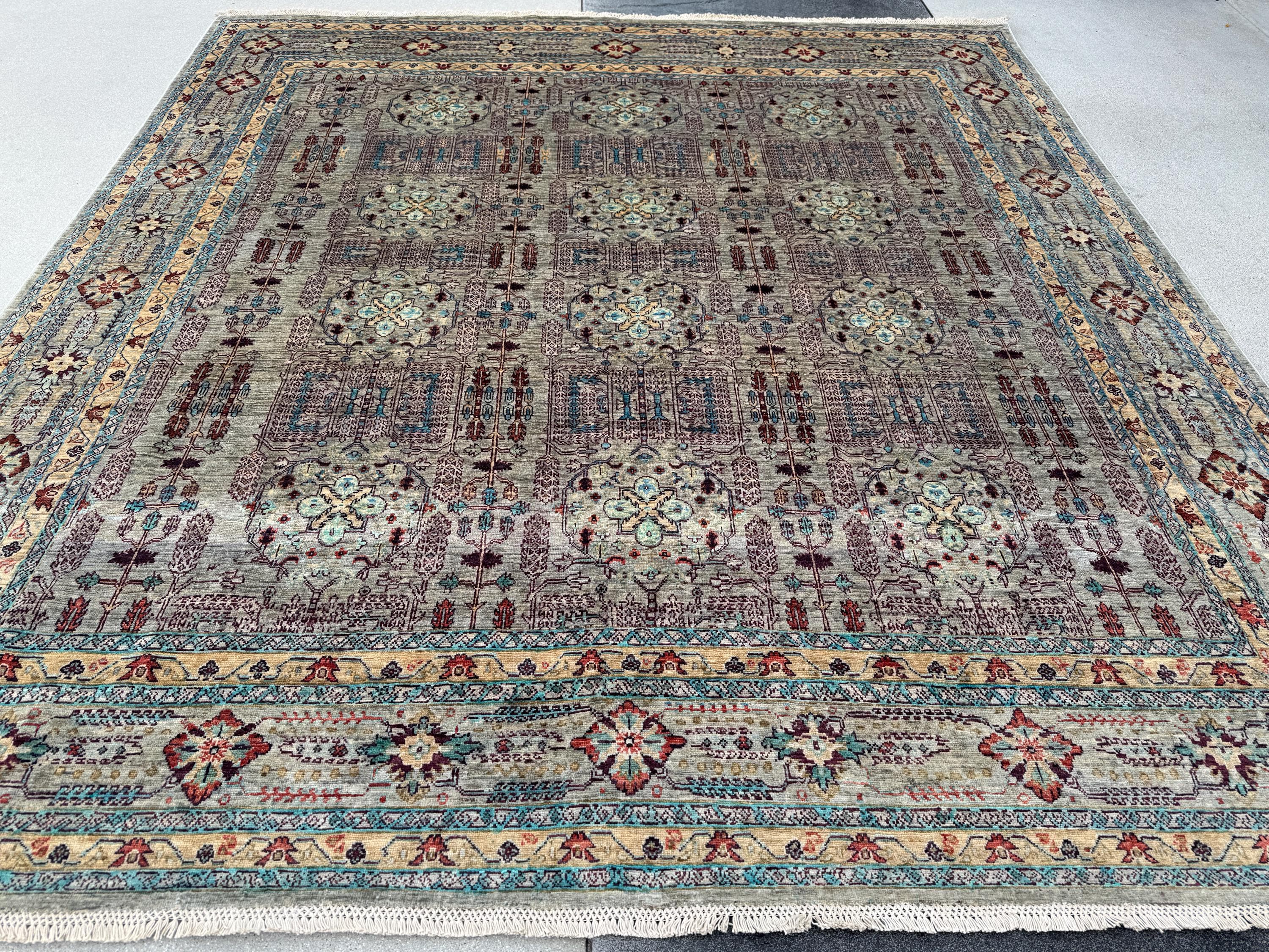9x10 Handmade Afghan Wool Rug | Muted Tribal Floral Grid Rug | Gray Blue Heirloom Area Rug