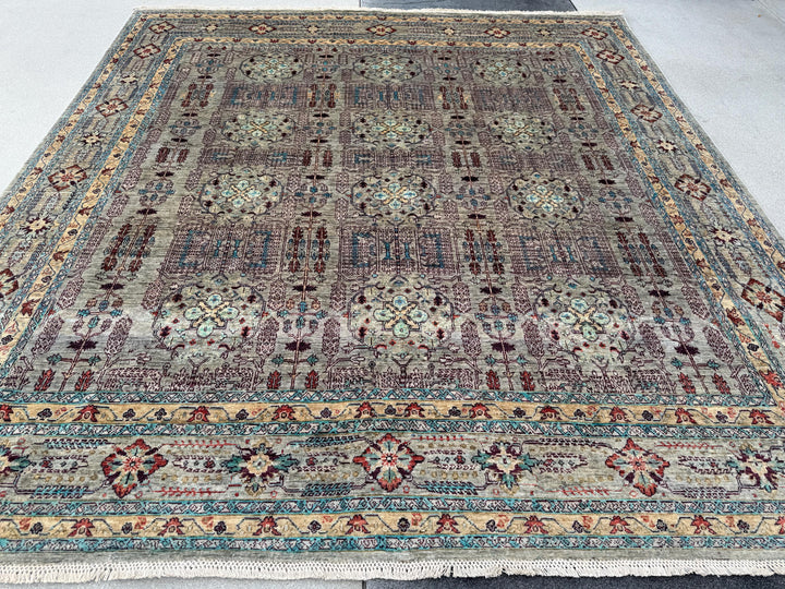 9x10 Handmade Afghan Wool Rug | Muted Tribal Floral Grid Rug | Gray Blue Heirloom Area Rug