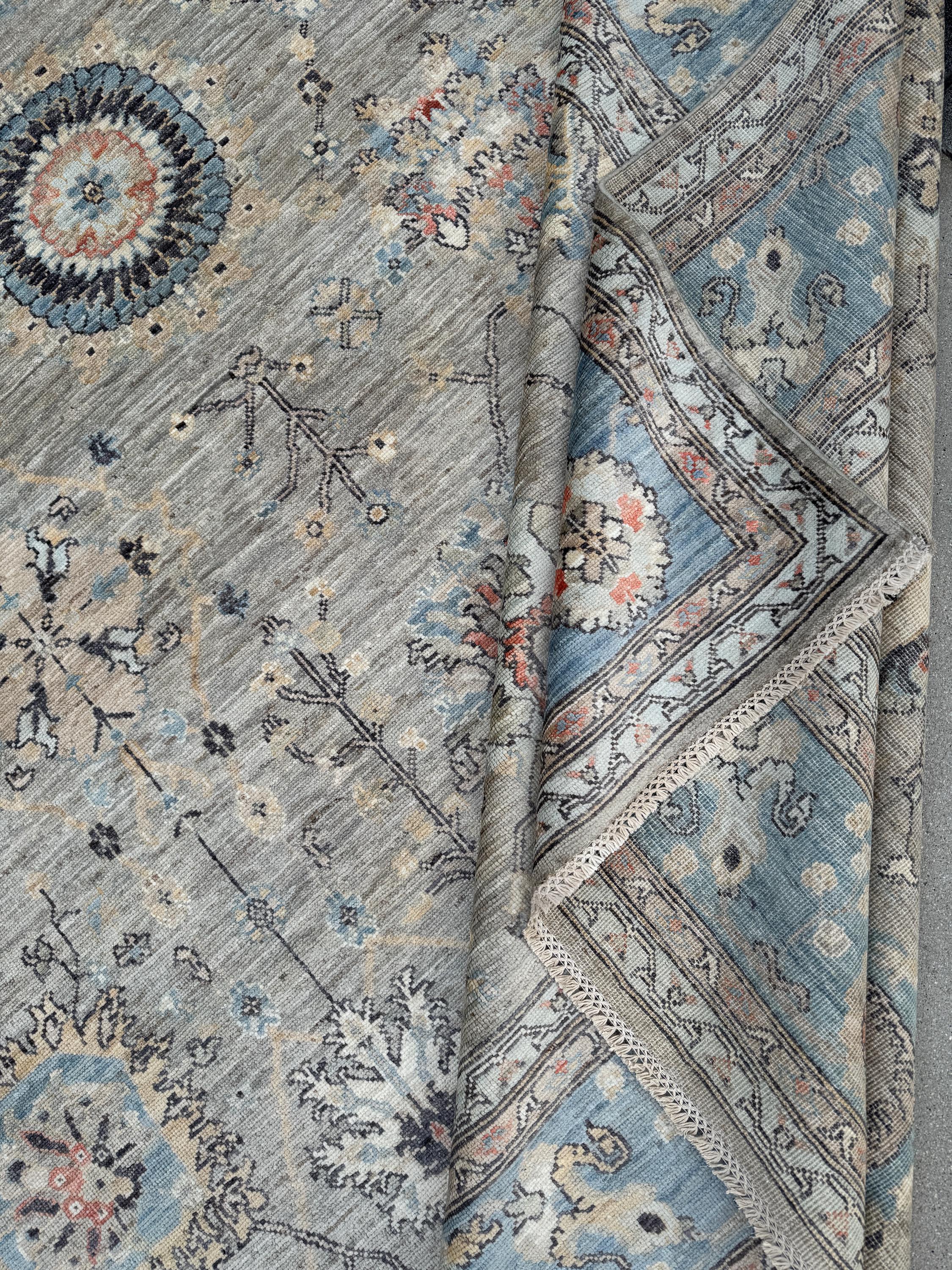 10x14 Handmade Afghan Wool Rug | Large Gray Blue Floral Rug | Oversized Heirloom Area Rug