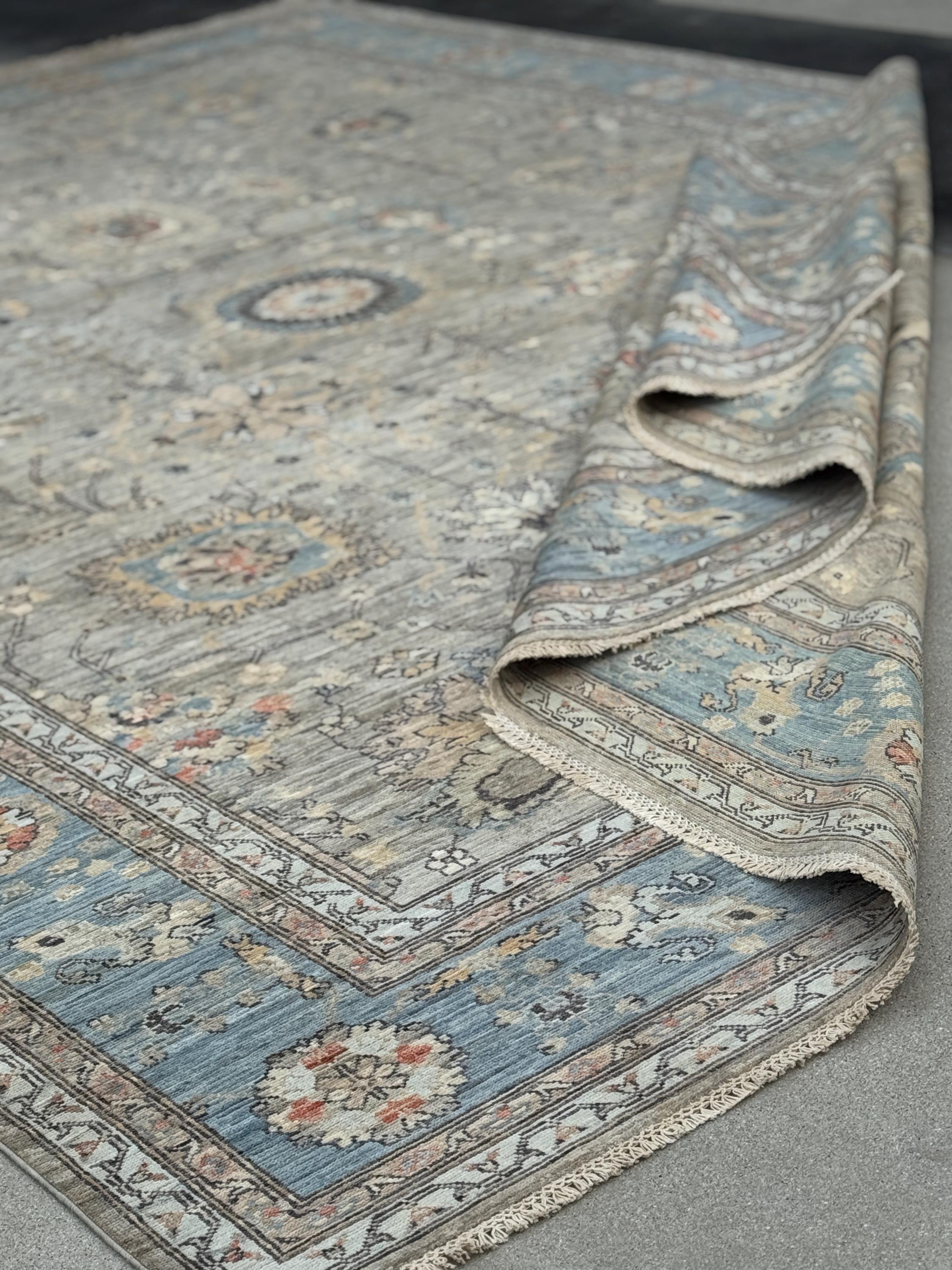 10x14 Handmade Afghan Wool Rug | Large Gray Blue Floral Rug | Oversized Heirloom Area Rug
