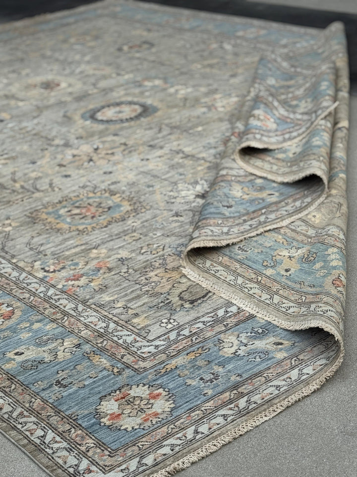 10x14 Handmade Afghan Wool Rug | Large Gray Blue Floral Rug | Oversized Heirloom Area Rug