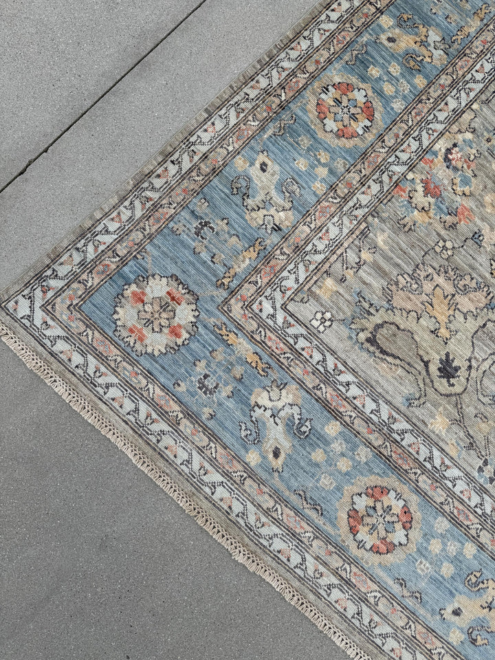 10x14 Handmade Afghan Wool Rug | Large Gray Blue Floral Rug | Oversized Heirloom Area Rug