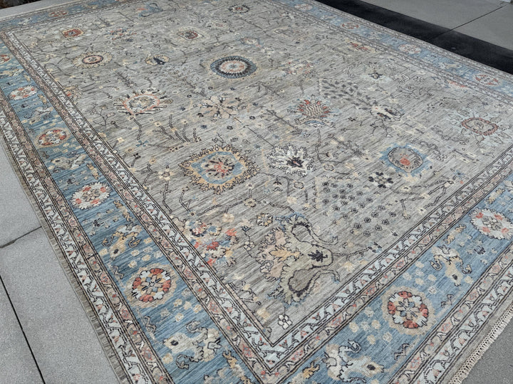 10x14 Handmade Afghan Wool Rug | Large Gray Blue Floral Rug | Oversized Heirloom Area Rug