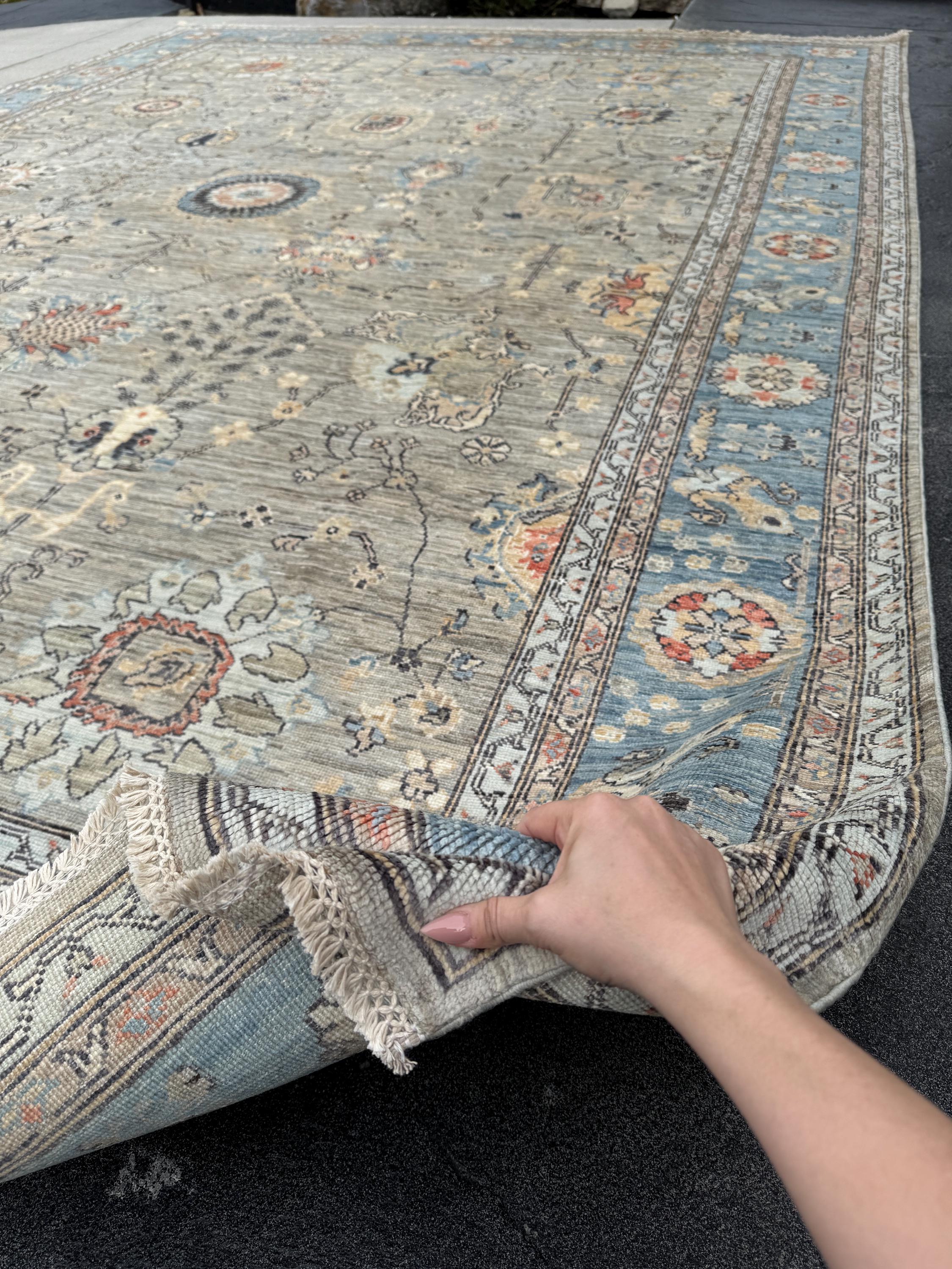 10x14 Handmade Afghan Wool Rug | Large Gray Blue Floral Rug | Oversized Heirloom Area Rug