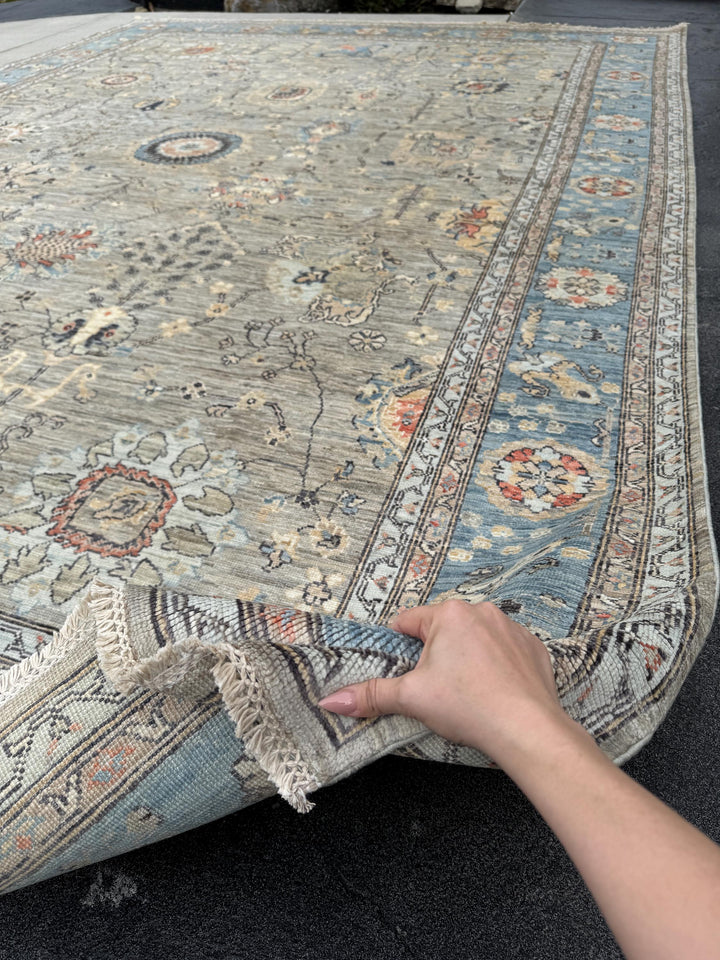 10x14 Handmade Afghan Wool Rug | Large Gray Blue Floral Rug | Oversized Heirloom Area Rug