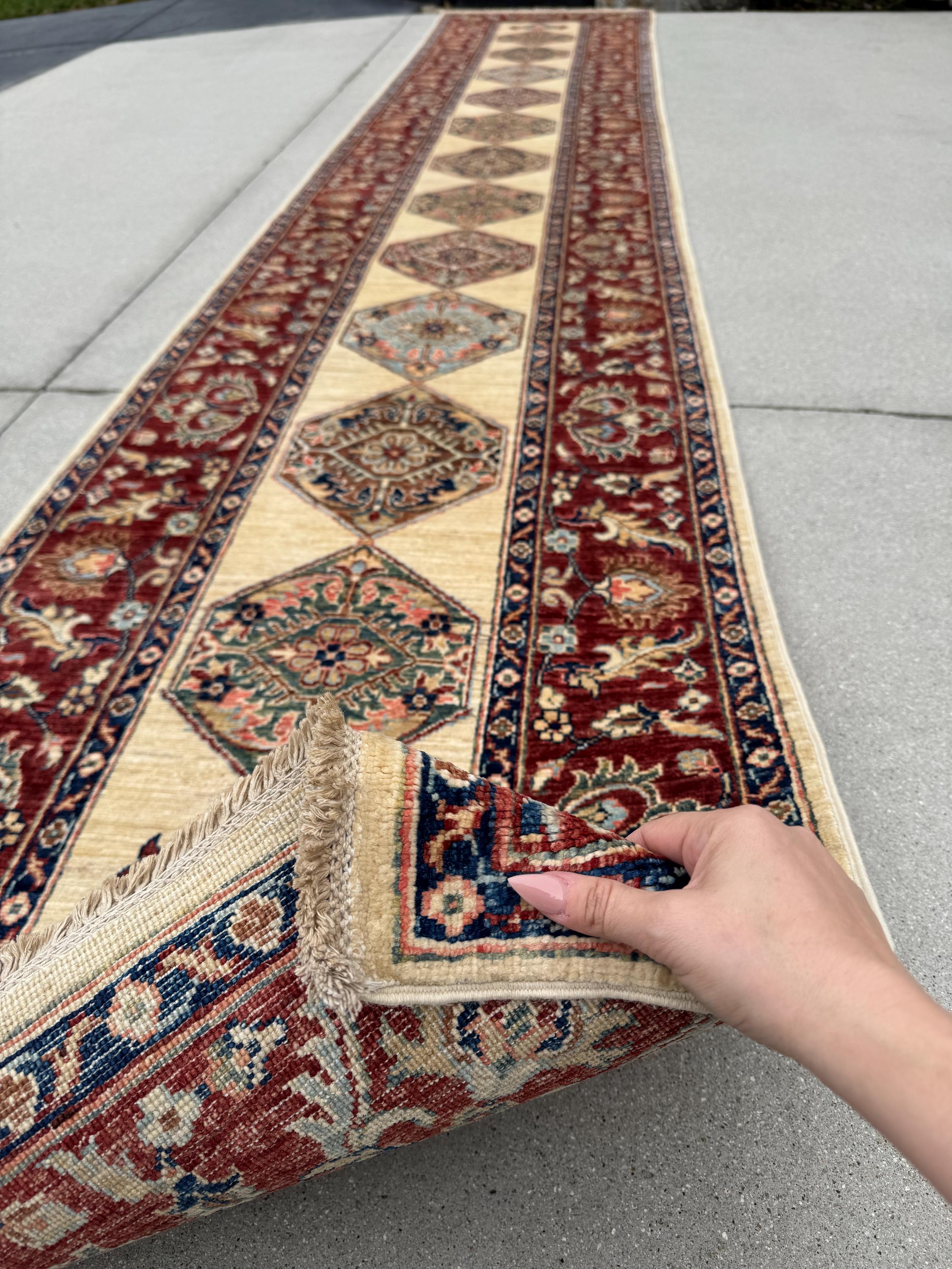 3x14 Handmade Afghan Wool Runner | Long Tribal Medallion Runner Rug | Red Ivory Hallway Runner