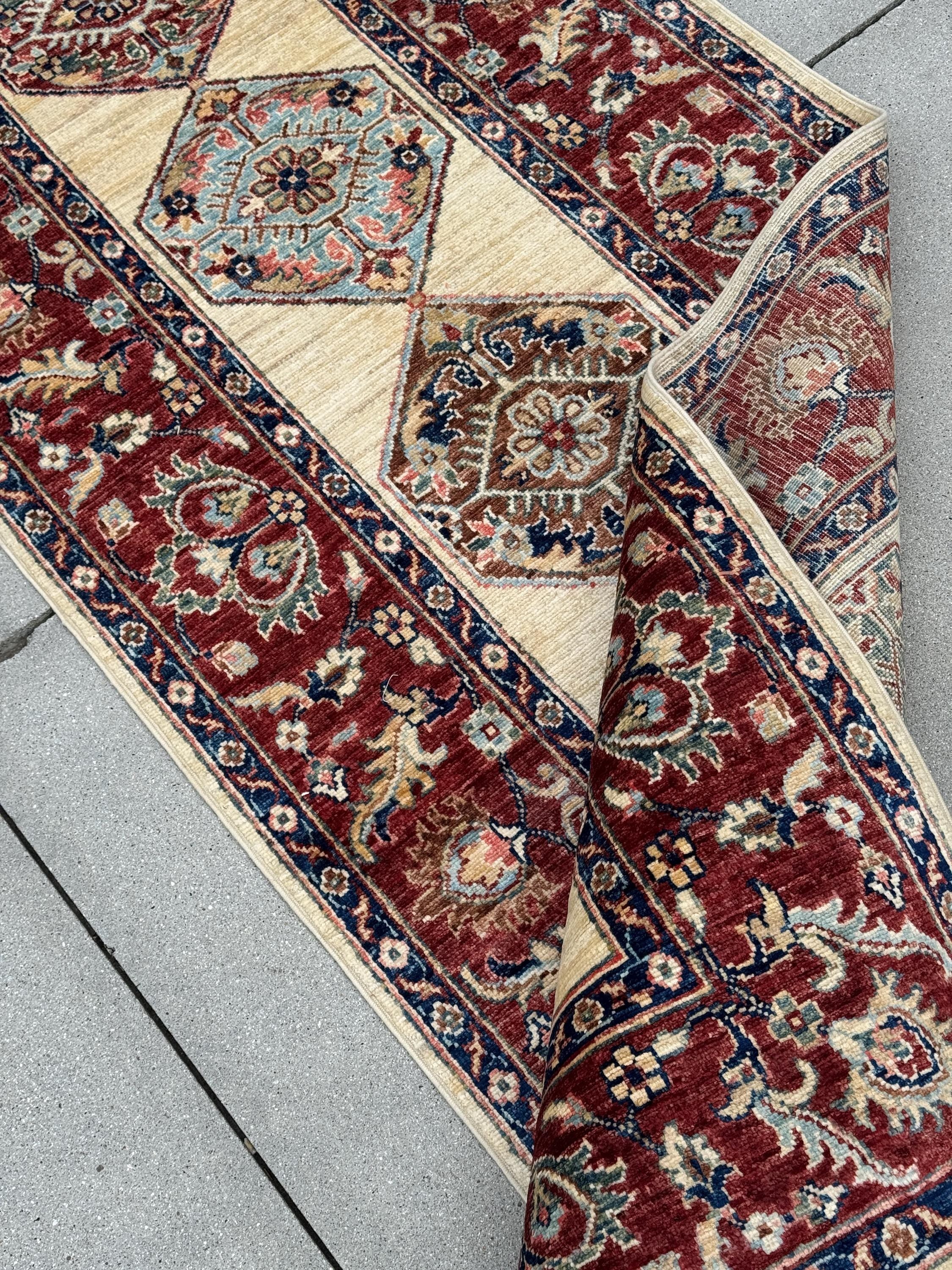 3x14 Handmade Afghan Wool Runner | Long Tribal Medallion Runner Rug | Red Ivory Hallway Runner