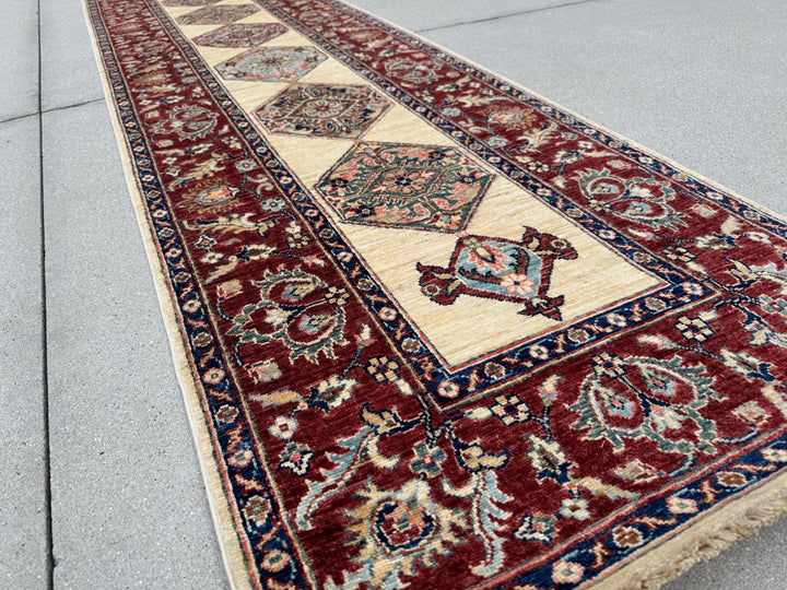 3x14 Handmade Afghan Wool Runner | Long Tribal Medallion Runner Rug | Red Ivory Hallway Runner