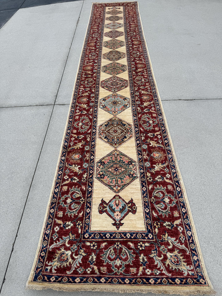3x14 Handmade Afghan Wool Runner | Long Tribal Medallion Runner Rug | Red Ivory Hallway Runner