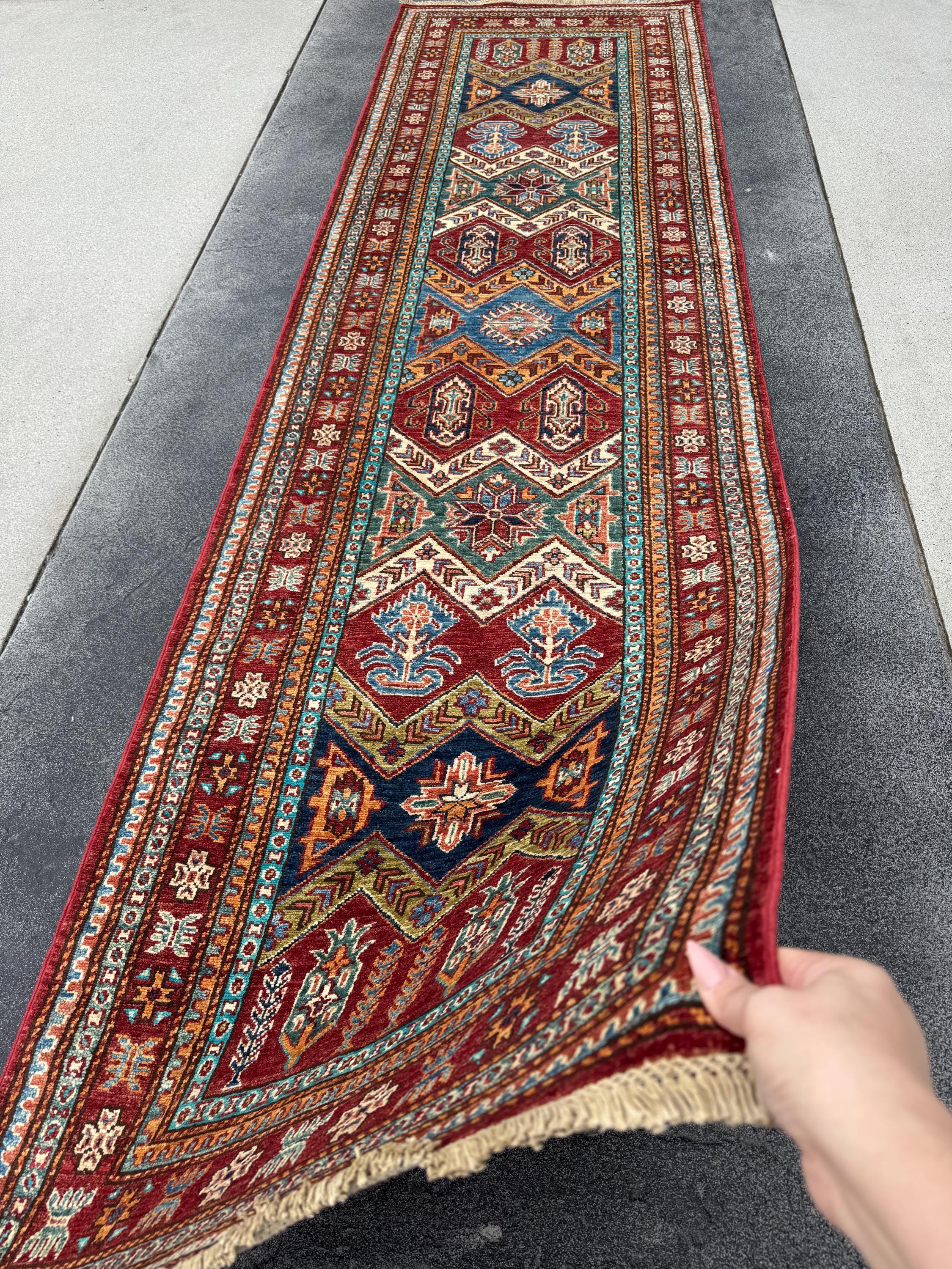3x10 Handmade Afghan Wool Runner | Tribal Kazak Style Runner Rug | Red Blue Hallway Runner