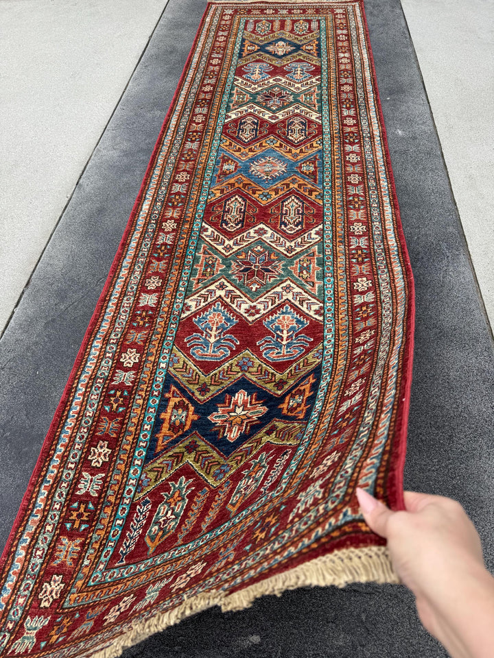3x10 Handmade Afghan Wool Runner | Tribal Kazak Style Runner Rug | Red Blue Hallway Runner