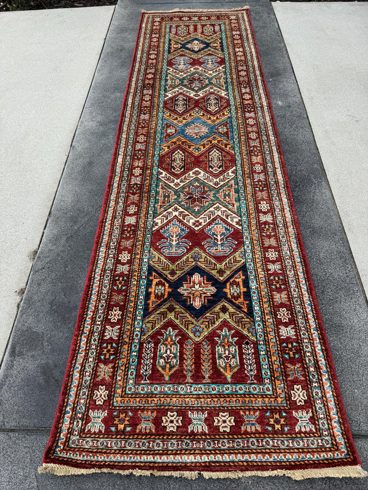3x10 Handmade Afghan Wool Runner | Tribal Kazak Style Runner Rug | Red Blue Hallway Runner