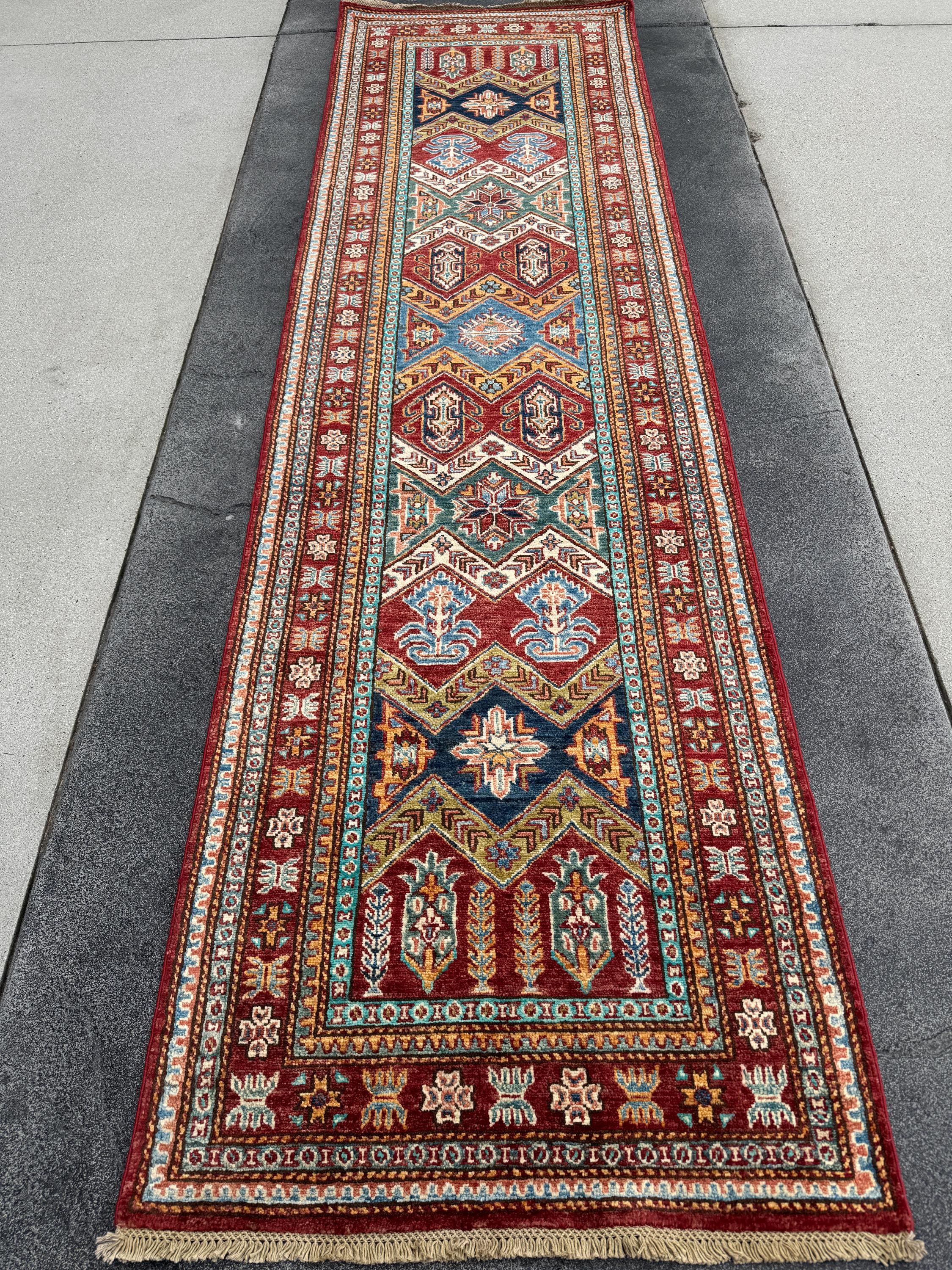 3x10 Handmade Afghan Wool Runner | Tribal Kazak Style Runner Rug | Red Blue Hallway Runner