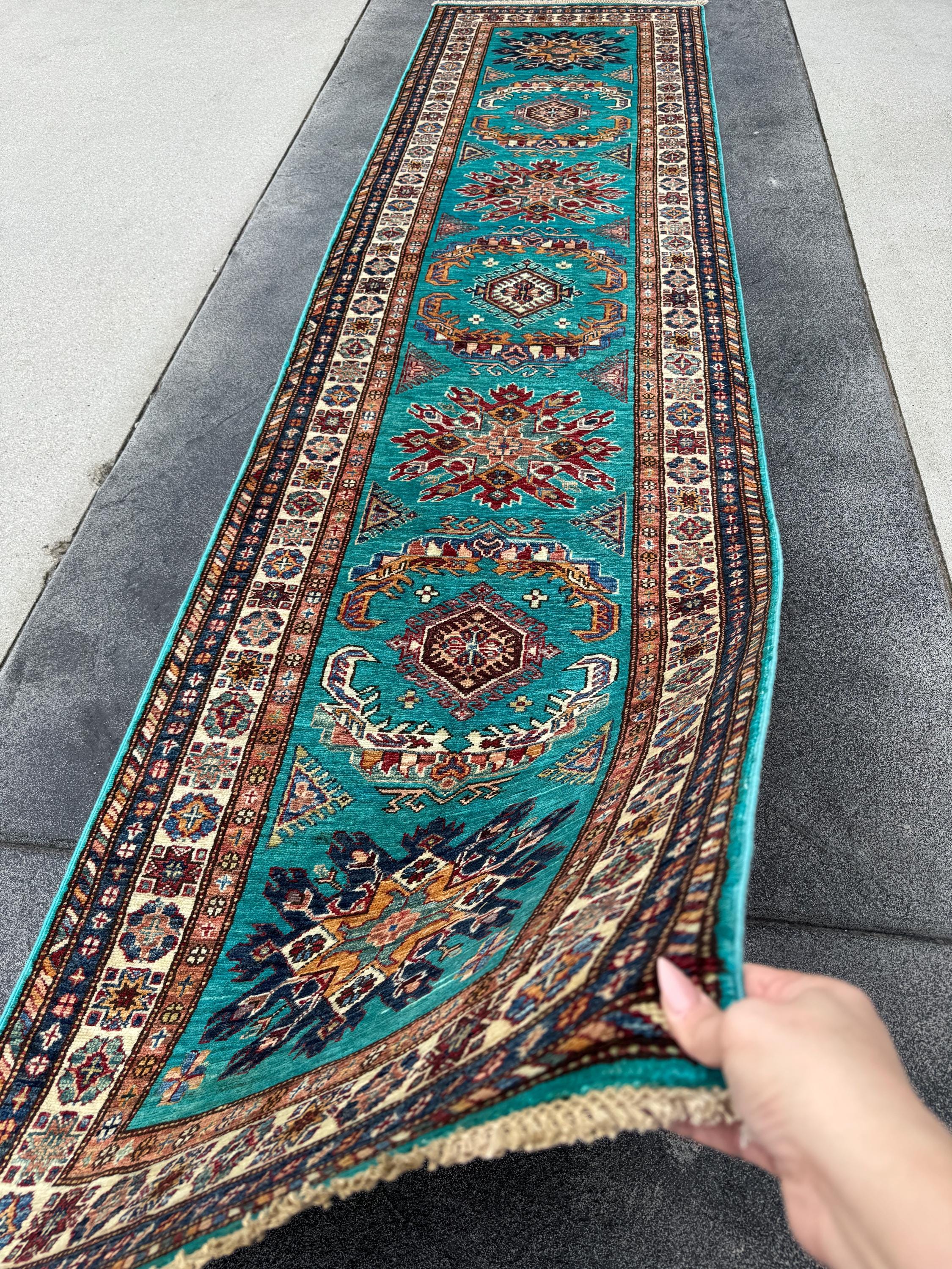 3x11 Handmade Afghan Wool Runner Rug | Teal Kazak Style Runner Rug | Tribal Hallway Runner